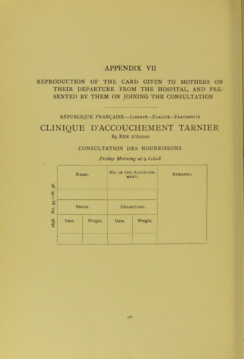 1898. No. 33.—M. 36. REPRODUCTION OF THE CARD GIVEN TO MOTHERS ON THEIR DEPARTURE FROM THE HOSPITAL, AND PRE- SENTED BY THEM ON JOINING THE CONSULTATION rLpUBLIQUE FRAN^AISE.—Liberty—Egalite—Fraternite CLINIQUE D’ACCOUCHEMENT TARNIER 89 Rue d’Assas CONSULTATION DES NOURRISSONS Friday Morning at 9 o'clock Name. No. of the Accouche- ment. Remarks. Birth. Departure. Date. Weight. Date. Weight. 173