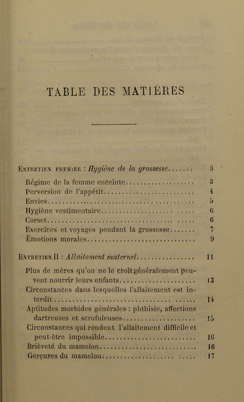 TABLE DES MATIÈRES Entretien premier : Hygiène de la grossesse. Régime de la femme enceinte; ;.. ; Perversion de l’appétit. ; Envies ; Hygiène vestimentaire .. ;. ; Corset ; ; ; 1 . Exercices et voyages pendant la grossesse; Emotions morales; ;. Entretien II : Allclitement maternel, Plus de mères qtiW ne le croit généralement peu- vent nourrir leurs ehfants.. ; ; Circonstances dans lesquelles l’allaitement est in- terdit Aptitudes morbides générales : phthisie, affections dartreuses et scrofuleuses Circonstances qui rendent l’allaitement difficile et peut-être impossible Brièveté du mamelon Gerçures du mamelon ;. ; ;.. ; :. : ;.