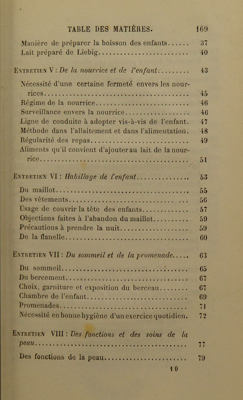 Manière de préparer la boisson des enfants 37 Lait préparé de Liebig 40 Entretien V : De la nourrice et de l’enfant 43 Nécessité d’une certaine fermeté envers les nour- rices 45 Régime de la nourrice 46 Surveillance envers la nourrice 46 Ligne de conduite à adopter vis-à-vis de l’enfant. 47 Méthode dans l’allaitement et dans l’alimentation. 48 Régularité des repas 49 Aliments qu'il convient d’ajouterau lait de la nour- rice 51 Entretien VI: Habillage de l’enfant 53 Du maillot 55 Des vêtements 56 Usage de couvrir la tête des enfants 57 Objections faites à l’abandon du maillot 59 Précautions à prendre la nuit 59 De la flanelle 60 Entretien VII : Du sommeil et de la promenade 63 Du sommeil 65 Du bercement 67 Choix, garniture et exposition du berceau 67 Chambre de l’enfant 69 Promenades 71 Nécessité en bonne hygiène d’un exercice quotidien. 72 Entretien VIII : Des fonctions et des soins de la peau 77 Des fonctions de la peau 79 1 0