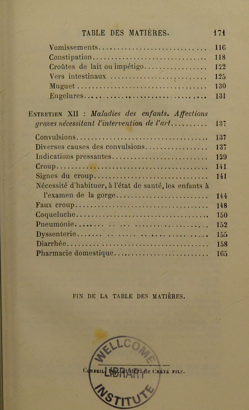 Vomissements 116 Constipation 118 Croûtes de lait ou impétigo 122 Vers intestinaux 125 Muguet 130 Engelures 131 Entretien XII : Maladies des enfants. Affections graves nécessitant l’intervention de l’art 137 Convulsions 137 Diverses causes des convulsions 137 Indications pressantes 139 Croup y,,, 141 Signes du croup 141 Nécessité d’habituer, à l’état de santé, les enfants i\ l’examen de la gorge 144 Faux croup 148 Coqueluche 150 Pneumônie 152 Dyssenterie 155 Diarrhée 158 Pharmacie domestique 165 FIN DE LA TABLE DES MATIÈRES.