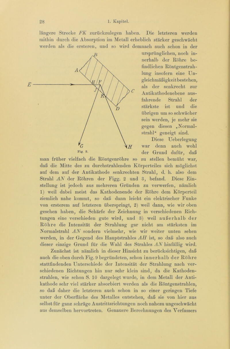 längere Strecke F^K zurückzulegen haben. Die letzteren werden mithin durch die Absorption im Metall erheblich stärker geschwächt werden als die ersteren, und so wird demnach auch schon in der ursprünglichen, noch in- nerhalb der Rühre be- findlichen Röntgenstrah- lung insofern eine Un- gleichmäßigkeitbestehen, als der senkrecht zur Antikathodenebene aus- fahrende Strahl der stärkste ist und die übrigen um so schwächer sein werden, je mehr sie gegen diesen „Normal- strahl“ geneigt sind. Diese Ueberlegung war denn auch wohl der Grund dafür, daß man früher vielfach die Röntgenröhre so zu stellen bemüht war, daß die Mitte des zu durchstrahlenden Körperteiles sich möglichst auf dem auf der Antikathode senkrechten Strahl, d, h. also dem Strahl AN der Röhren der Figg. 2 und 3, befand. Diese Ein- stellung ist jedoch aus mehreren Gründen zu verwerfen, nämlich 1) weil dabei meist das Kathodenende der Röhre dem Körperteil ziemlich nahe kommt, so daß dann leicht ein elektrischer Funke von ersterem auf letzteren überspringt, 2) weil dann, wie wir oben gesehen haben, die Schärfe der Zeichnung in verschiedenen Rich- tungen eine verschieden gute wird, und 3) weil außerhalb der Röhre die Intensität der Strahlung gar nicht am stärksten im Normalstrahl sondern vielmehr, wie wir weiter unten sehen werden, in der Gegend des Hauptstrahles AFI ist, so daß also auch dieser einzige Grund für die Wahl des Strahles AiV hinfällig wird. Zunächst ist nämlich in dieser Hinsicht zu berücksichtigen, daß auch die oben durch Fig. 9 begründeten, schon innerhalb der Röhre stattfindenden Unterschiede der Intensität der Strahlung nach ver- schiedenen Richtungen hin nur sehr klein sind, da die Kathoden- strahlen, wie schon S. 10 dargelegt wurde, in dem Metall der Anti- kathode sehr viel stärker absorbiert werden als die Röntgenstrahlen, so daß daher die letzteren auch schon in so einer geringen Tiefe unter der Oberfläche des Metalles entstehen, daß sie von hier aus selbst für ganz schräge Austrittsrichtungen noch nahezu ungeschwächt aus demselben hervortreten. Genauere Berechnungen des Verfassers