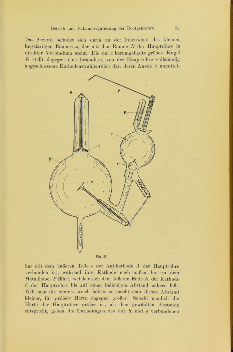 Das Ätzkali befindet sich darin an der Innenwand des kleinen, kngelartigen Raumes x, der mit dem Raume B der Hauptrohre in direkter Verbindung steht. Die um x herumgebaute größere Kugel D stellt dagegen eine besondere, von der Hanptröhre vollständig abgeschlossene Kathodenstrahlenrohre dar, deren Anode z unmittel- bar mit dem äußeren Teile o der Antikathode A der Hauptröhre verbunden ist, während ihre Kathode nach außen hin zu dem Metallhebel P führt, welcher sich dem äußeren Ende K der Kathode C der Hauptröhre bis auf einen beliebigen Abstand nähern läßt. Will man die letztere weich haben, so macht man diesen Abstand kleiner, für größere Härte dagegen größer. Sobald nämlich die Härte der Hanptröhre größer ist, als dem gewählten Abstande entspricht, gehen die Entladungen des mit K und o verbundenen