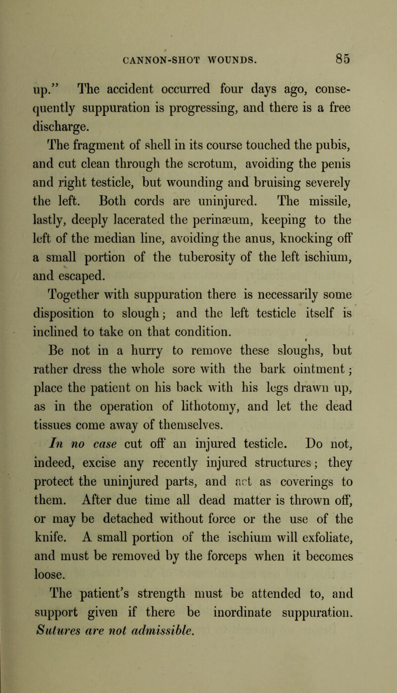 up.” The accident occurred four days ago, conse- quently suppuration is progressing, and there is a free discharge. The fragment of shell in its course touched the pubis, and cut clean through the scrotum, avoiding the penis and right testicle, but wounding and bruising severely the left. Both cords are uninjured. The missile, lastly, deeply lacerated the perinaeum, keeping to the left of the median line, avoiding the anus, knocking off a small portion of the tuberosity of the left ischium, and escaped. Together with suppuration there is necessarily some disposition to slough; and the left testicle itself is inclined to take on that condition. Be not in a hurry to remove these sloughs, but rather dress the whole sore with the bark ointment; place the patient on his back with his legs drawn up, as in the operation of lithotomy, and let the dead tissues come away of themselves. In no case cut off an injured testicle. Do not, indeed, excise any recently injured structures; they protect the uninjured parts, and act as coverings to them. After due time all dead matter is thrown off, or may be detached without force or the use of the knife. A small portion of the ischium will exfoliate, and must be removed by the forceps when it becomes loose. The patient’s strength must be attended to, and support given if there be inordinate suppuration. Sutures are not admissible.