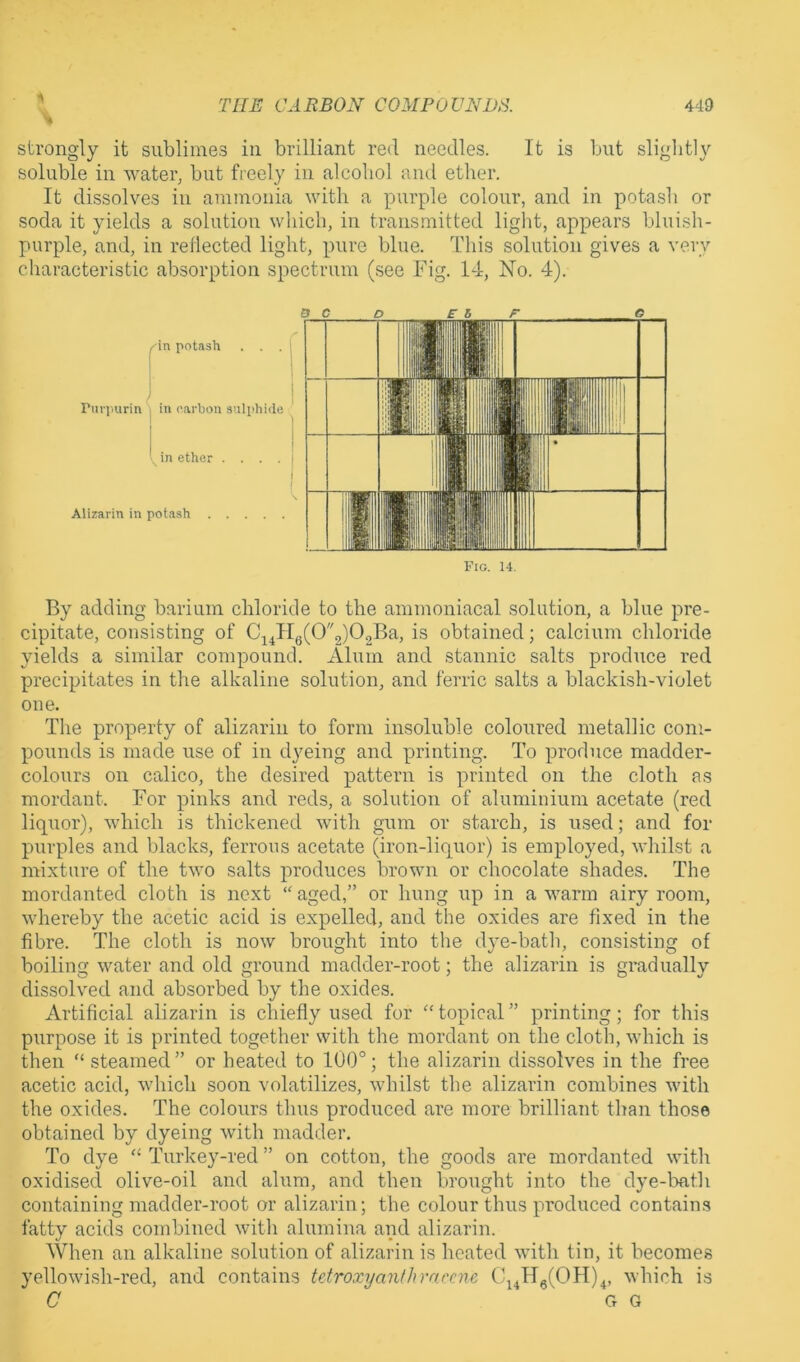 strongly it sublimes in brilliant red needles. It is but slightly soluble in water, but freely in alcohol and ether. It dissolves in ammonia with a purple colour, and in pota.sh or soda it yields a solution which, in transmitted light, appears bluish- purple, and, in retlected light, pure blue. This solution gives a very characteristic absorption spectrum (see Fig. 14, No. 4). •in potash . . . rui'purin 1 in oarbon sulphide in ether . . . . Alizarin in pot.ash Fig. 14. By adding barium chloride to the ammoniacal solution, a blue pre- cipitate, consisting of Cj4Hg(02)02Ba, is obtained; calcium chloride yields a similar compound. Alum and stannic salts produce red precipitates in the alkaline solution, and ferric salts a blackish-violet one. The property of alizarin to form insoluble coloured metallic com- pounds is made use of in dyeing and printing. To produce madder- colours on calico, the desired pattern is printed on the cloth as mordant. For pinks and reds, a solution of aluminium acetate (red liquor), which is thickened with gum or starch, is used; and for purples and blacks, ferrous acetate (iron-liquor) is employed, whilst a mixture of the two salts jDroduces brown or chocolate shades. The mordanted cloth is next “ aged,” or hung up in a warm airy room, whereby the acetic acid is expelled, and the oxides are fixed in the fibre. The cloth is now brought into the dye-bath, consisting of boiling water and old ground madder-root; the alizarin is gradually dissolved and absorbed by the oxides. Artificial alizarin is chiefly used for '‘topical” printing; for this purpose it is printed together with the mordant on the cloth, which is then “steamed” or heated to 100°; the alizarin dissolves in the free acetic acid, which soon volatilizes, whilst the alizarin combines with the oxides. The colours thus produced are more brilliant than those obtained by dyeing with madder. To dye “ Turkey-red ” on cotton, the goods are mordanted with oxidised olive-oil and alum, and then brought into the dye-bath containing madder-root or alizarin; the colour thus produced contains fatty acids combined with alumina and alizarin. When an alkaline solution of alizarin is heated with tin, it becomes yellowish-red, and contains tetroxyanlhmrcne Ci^IIg(OH)^, which is C G G