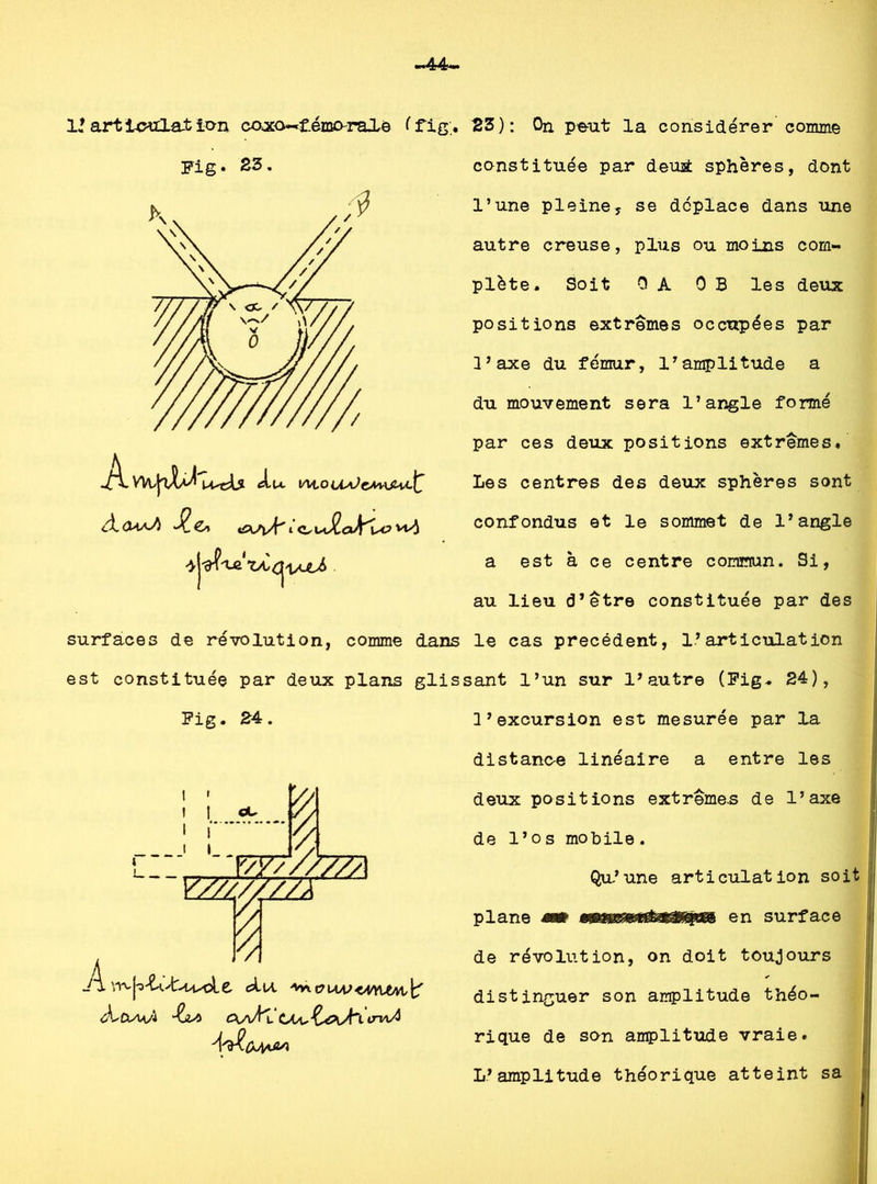 ,.44- 1? art icailai ion coxo-tfemonalë f fi g;. Fig* S3. 23): On peut la considérer comme constituée par deu£ sphères, dont l’une pleine, se déplace dans une autre creuse, plus ou moins com- plète. Soit OA 0 B les deux positions extrêmes occupées par l’axe du fémur, l’amplitude a du mouvement sera l’angle formé par ces deux positions extrêmes. P t Vl4 Les centres des deux sphères sont confondus et le sommet de l’angle a est à ce centre commun. Si, au lieu d’être constituée par des surfaces de révolution, comme dans le cas précédent, 1.’articulation est constituée par deux plans glissant l’un sur l’autre (Fig* 24), Fig. 24. ! * » ! i l ! i t7 ;w?/p7A YÆ//Y/A J i du **.0lMS<4/YltAit/fcr Ji'ÙAtl/i AA/K. CUv'C<£?L<'H CTIaÀ A'rlûJfifiA l’excursion est mesurée par la distanoe linéaire a entre les deux positions extrêmes de l’axe de l’os mobile. Qu.’une articulation soit plane mm en surface de révolution, on doit toujours distinguer son amplitude théo- rique de son amplitude vraie. L’amplitude théorique atteint sa