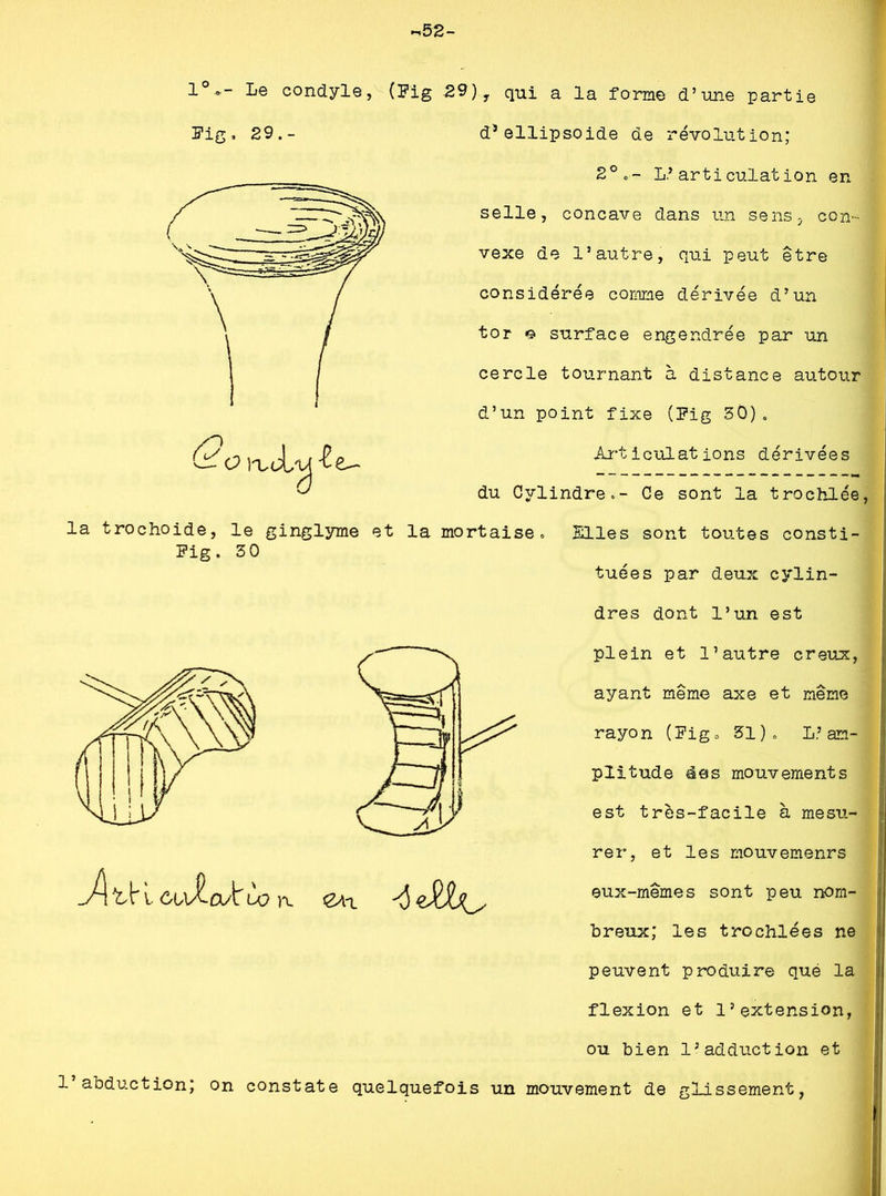 52- 1° *” ^e condyle, (Pig 29) ? qui a la forme d’une partie Pig» 29.- dJellipsoide de révolution; (2 c ïa,<Xuj la trochoide, le ginglyme et la Pig. 30 2°o- L*articulation en selle, concave dans un sens, con- vexe de l’autre, qui peut être considérée comme dérivée d’un tor surface engendrée par un cercle tournant à distance autour d’un point fixe (Pig 30). Articulations dérivées du Cylindre.- Ce sont la trochlée, rtaise« Elles sont toutes consti- tuées par deux cylin- dres dont l’un est plein et l’autre creux, ayant même axe et même rayon (Pig» 51). L’am- plitude ées mouvements est très-facile a mesu- J\*lYv cvX a/ir LO )\ Y) rer, et les mouvemenrs eux-mêmes sont peu nom- breux; les trochlées ne peuvent produire qué la flexion et l’extension, ou bien l’adduction et 1 abduction; on constate quelquefois un mouvement de glissement,