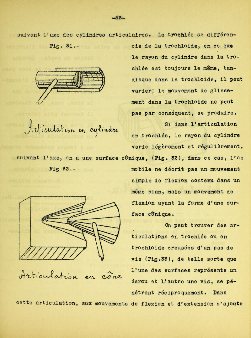 —53- suivant l’axe des cylindres articulaires. La trochlée se différen- Fig . 51.- cie de la trochloide, en ce que le rayon du cylindre dans la tro- chlée est toujours le même, tan- disque dans la trochloide, il peut varier; le mouvement de glisse- ment dans la trochloide ne peut pas par conséquent, se produire. Si dans l’articulation en trochiée, le rayon du cylindre Fig 32.- varie légèrement et régulièrement, suivant l’axe, on a une surface cônique, (Fig* 32), dans ce cas, l’os mobile ne décrit pas un mouvement simple de flexion contenu dans un meme plan, mais un mouvement de flexion ayant la forme d’une sur- face cûnique. On peut trouver des ar- ticulations en trochlée ou en trochloide creusées d’un pas de vis (Fig.33), de telle sorte que l’une des surfaces représente un écrou et l’autre une vis, se pé- nétrant réciproquement. Dans cette articulation, aux mouvements de flexion et d’extension s’ajoute