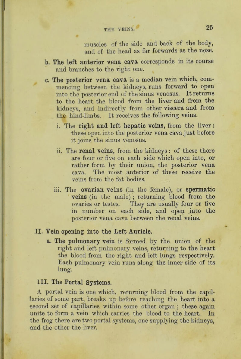muscles of the side and back of the body, and of the head as far forwards as the nose. b. The left anterior vena cava corresponds in its course and branches to the right one. c. The posterior vena cava is a median vein which, com- mencing between the kidneys, runs forward to open into the posterior end of the sinus venosus. It returns to the heart the blood from the liver and from the kidneys, and indirectly from other viscera and from the hind-limbs. It receives the following veins. i. The right and left hepatic veins, from the liver: these open into the posterior vena cava just before it joins the sinus venosus. ii. The renal veins, from the kidneys: of these there are four or five on each side which open into, or rather form by their union, the posterior vena cava. The most anterior of these receive the veins from the fat bodies. iii. The ovarian veins (in the female), or spermatic veins (in the male); returning blood from the ovaries or testes. They are usually four or five in number on each side, and open into the posterior vena cava between the renal veins. II. Vein opening into the Left Auricle. a. The pulmonary vein is formed by the union of the right and left pulmonary veins, returning to the heart the blood from the right and left lungs respectively. Each pulmonary vein runs along the inner side of its lung. III. The Portal Systems. A portal vein is one which, returning blood from the capil- laries of some part, breaks up before reaching the heart into a second set of capillaries within some other organ ; these again unite to form a vein which carries the blood to the heart. In the frog there are two portal systems, one supplying the kidneys, and the other the liver.