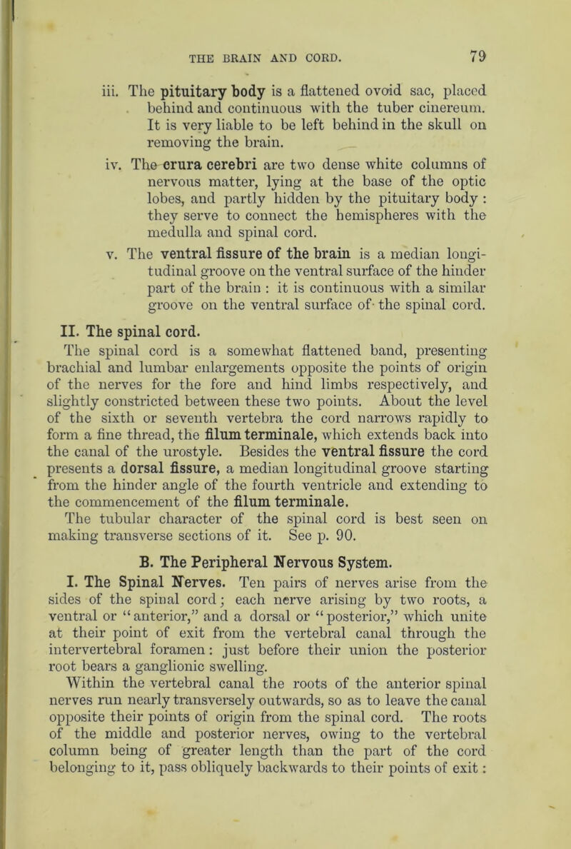 iii. The pituitary body is a flattened ovoid sac, placed behind and continuous with the tuber cinereum. It is very liable to be left behind in the skull on removing the brain. iv. The crura cerebri are two dense white columns of nervous matter, lying at the base of the optic lobes, and partly hidden by the pituitary body : they serve to connect the hemispheres with the medulla and spinal cord. v. The ventral fissure of the brain is a median longi- tudinal groove on the ventral surface of the hinder part of the brain : it is continuous with a similar groove on the ventral sui’face of- the spinal cord. II. The spinal cord. The spinal cord is a somewhat flattened band, presenting brachial and lumbar enlargements opposite the points of origin of the nerves for the fore and hind limbs respectively, and slightly constricted between these two points. About the level of the sixth or seventh vertebra the cord narrows rapidly to form a fine thread, the filum terminale, which extends back into the canal of the urostyle. Besides the ventral fissure the cord presents a dorsal fissure, a median longitudinal groove starting from the hinder angle of the fourth ventricle and extending to the commencement of the filum terminale. The tubular character of the spinal cord is best seen on making transverse sections of it. See p. 90. B. The Peripheral Nervous System. I. The Spinal Nerves. Ten pairs of nerves arise from the sides of the spinal cord; each nerve arising by two roots, a ventral or “anterior,” and a dorsal or “posterior,” which unite at their point of exit from the vertebral canal through the intervertebral foramen: just before their union the posterior root bears a ganglionic swelling. Within the vertebral canal the roots of the anterior spinal nerves run nearly transversely outwards, so as to leave the canal opposite their points of origin from the spinal cord. The roots of the middle and posterior nerves, owing to the vertebral column being of greater length than the part of the cord belonging to it, pass obliquely backwards to their points of exit:
