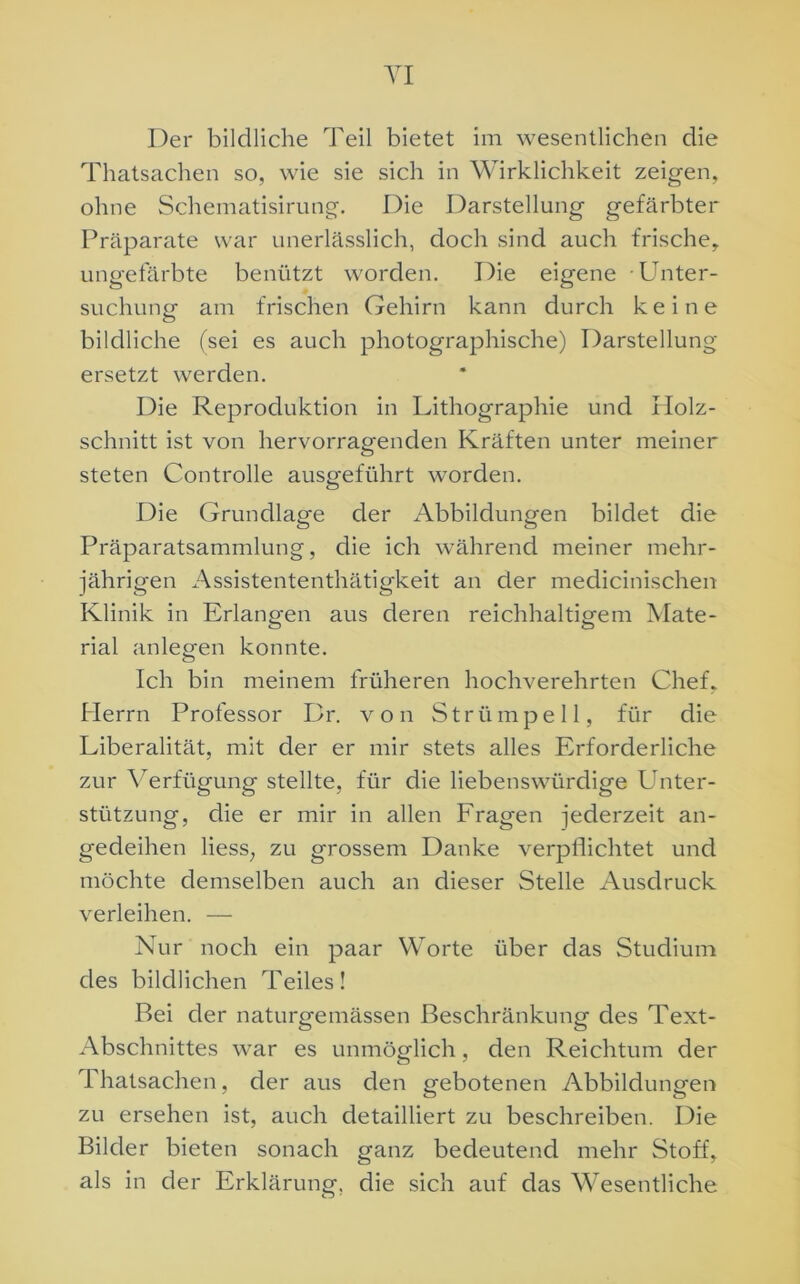 Der bildliche Teil bietet im wesentlichen die Thatsachen so, wie sie sich in Wirklichkeit zeigen, ohne Schematisirung. Die Darstellung gefärbter Präparate war unerlässlich, doch sind auch frische, ungefärbte benützt worden. Die eigene Unter- suchung am frischen Gehirn kann durch keine bildliche (sei es auch photographische) Darstellung ersetzt werden. Die Reproduktion in Lithographie und Holz- schnitt ist von hervorragenden Kräften unter meiner steten Controlle ausgeführt worden. Die Grundlage der Abbildungen bildet die Präparatsammlung, die ich während meiner mehr- jährigen Assistententhätigkeit an der medicinischen Klinik in Erlangen aus deren reichhaltigem Mate- rial anlegen konnte. Ich bin meinem früheren hochverehrten Chef, Herrn Professor Dr. von Strümpell, für die Liberalität, mit der er mir stets alles Erforderliche zur Verfügung stellte, für die liebenswürdige Unter- stützung, die er mir in allen Fragen jederzeit an- gedeihen liess; zu grossem Danke verpflichtet und möchte demselben auch an dieser Stelle Ausdruck verleihen. — Nur noch ein paar Worte über das Studium des bildlichen Teiles! Bei der naturgemässen Beschränkung des Text- Abschnittes war es unmöglich, den Reichtum der Thatsachen, der aus den gebotenen Abbildungen zu ersehen ist, auch detailliert zu beschreiben. Die Bilder bieten sonach ganz bedeutend mehr Stoff, als in der Erklärung, die sich auf das Wesentliche