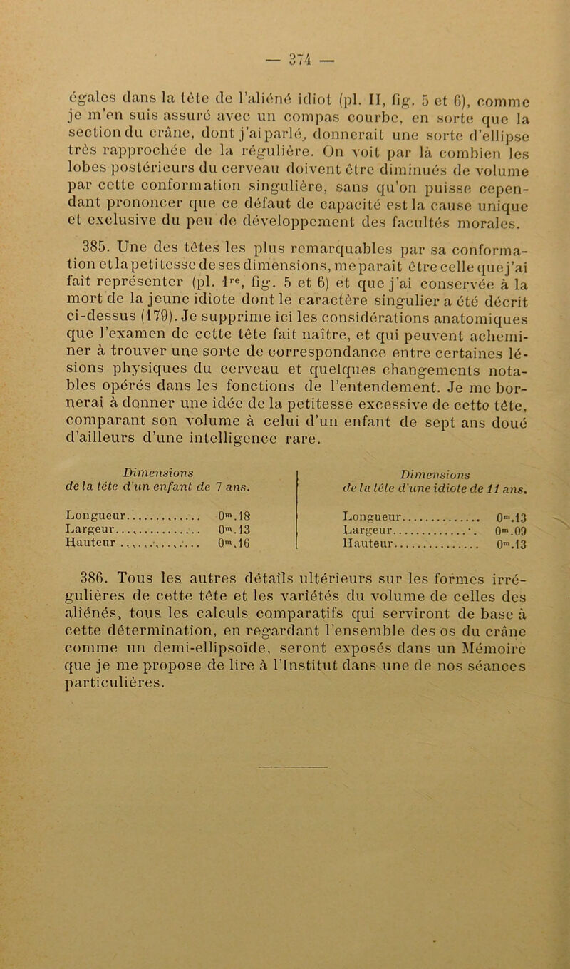je m’en suis assuré avec un compas courbe, en sorte que la section du crâne, dont j’ai parlée donnerait une sorte d’ellipse très rapprochée de la régulière. On voit par là combien les lobes postérieurs du cerveau doivent être diminués de volume par cette conformation singulière, sans qu’on puisse cepen- dant prononcer c|ue ce défaut de capacité est la cause unique et exclusive du peu de développement des facultés morales. 385. Une des têtes les plus remarquables par sa conforma- tion et lapetitesse de ses dimensions, me paraît être celle que j’ai fait représenter (pl. 1-e, fig. 5 et 6) et que j’ai conservée à la mort de la jeune idiote dont le caractère singulier a été décrit ci-dessus (179). Je supprime ici les considérations anatomiques que l’examen de cette tête fait naître, et qui peuvent achemi- ner à trouver une sorte de correspondance entre certaines lé- sions physiques du cerveau et quelques changements nota- bles opérés dans les fonctions de l’entendement. Je me bor- nerai à donner une idée de la petitesse excessive de cette tête, comparant son volume à celui d’un enfant de sept ans doué d’ailleurs d’une intelligence rare. Dimensions de la tête d'un enfant de 7 ans. Longueur O^.IS Largeur..., Q^.13 Hauteur.,,.,.’ 0'.16 Dime77sions de la tête d'une idiote de 11 ans. Longueur O*.13 Largeur -, 0»>.00 Hauteur O™. 13 386. Tous les autres détails ultérieurs sur les formes irré- gulières de cette tête et les variétés du volume de celles des aliénés, tous les calculs comparatifs qui serviront de base à cette détermination, en regardant l’ensemble des os du crâne comme un demi-ellipsoïde, seront exposés dans un Mémoire que je me propose de lire à l’Institut dans une de nos séances particulières.