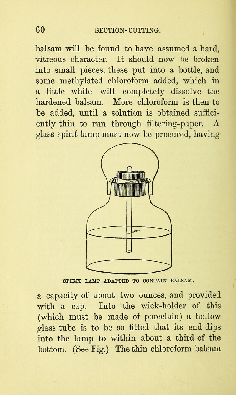 balsam will be found to have assumed a hard, vitreous character. It should now be broken into small pieces, these put into a bottle, and some methylated chloroform added, which in a little while will completely dissolve the hardened balsam. More chloroform is then to be added, until a solution is obtained suffici- ently thin to run through filtering-paper. A glass spirit lamp must now be procured, having SPIRIT LAMP ADAPTED TO CONTAIN BALSAM. a capacity of about two ounces, and provided with a cap. Into the wick-holder of this (which must be made of porcelain) a hollow glass tube is to be so fitted that its end dips into the lamp to within about a third of the bottom. (See Fig.) The thin chloroform balsam