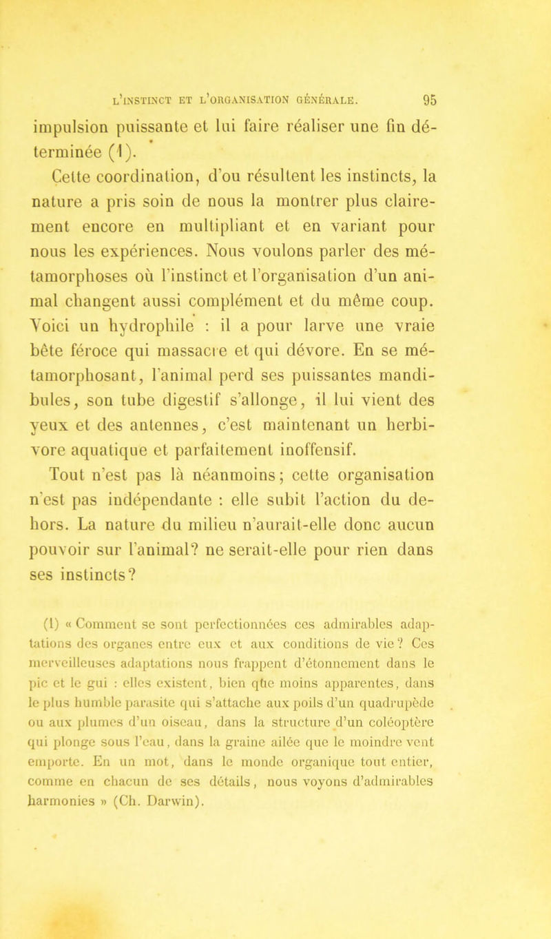 impulsion puissante et lui faire réaliser une fin dé- terminée (1). Celte coordination, d’ou résultent les instincts, la nature a pris soin de nous la montrer plus claire- ment encore en multipliant et en variant pour nous les expériences. Nous voulons parler des mé- tamorphoses où l'instinct et l’organisation d’un ani- mal changent aussi complément et du même coup. Yoici un hydrophile : il a pour larve une vraie bête féroce qui massacre et qui dévore. En se mé- tamorphosant, l’animal perd ses puissantes mandi- bules, son tube digestif s’allonge, il lui vient des yeux et des antennes, c’est maintenant un herbi- vore aquatique et parfaitement inoffensif. Tout n’est pas là néanmoins; cette organisation n'est pas indépendante : elle subit l’action du de- hors. La nature du milieu n’aurait-elle donc aucun pouvoir sur l’animal? ne serait-elle pour rien dans ses instincts? (I) « Comment se sont perfectionnées ces admirables adap- tations des organes entre eux et aux conditions de vie ? Ces merveilleuses adaptations nous frappent d’étonnement dans le pic et le gui : elles existent, bien qùe moins apparentes, dans le plus humble parasite qui s’attache aux poils d’un quadrupède ou aux plumes d’un oiseau, dans la structure d’un coléoptère qui plonge sous l’eau, dans la graine ailée que le moindre vent emporte. En un mot, dans le monde organique tout entier, comme en chacun de ses détails, nous voyons d’admirables harmonies » (Ch. Darwin).