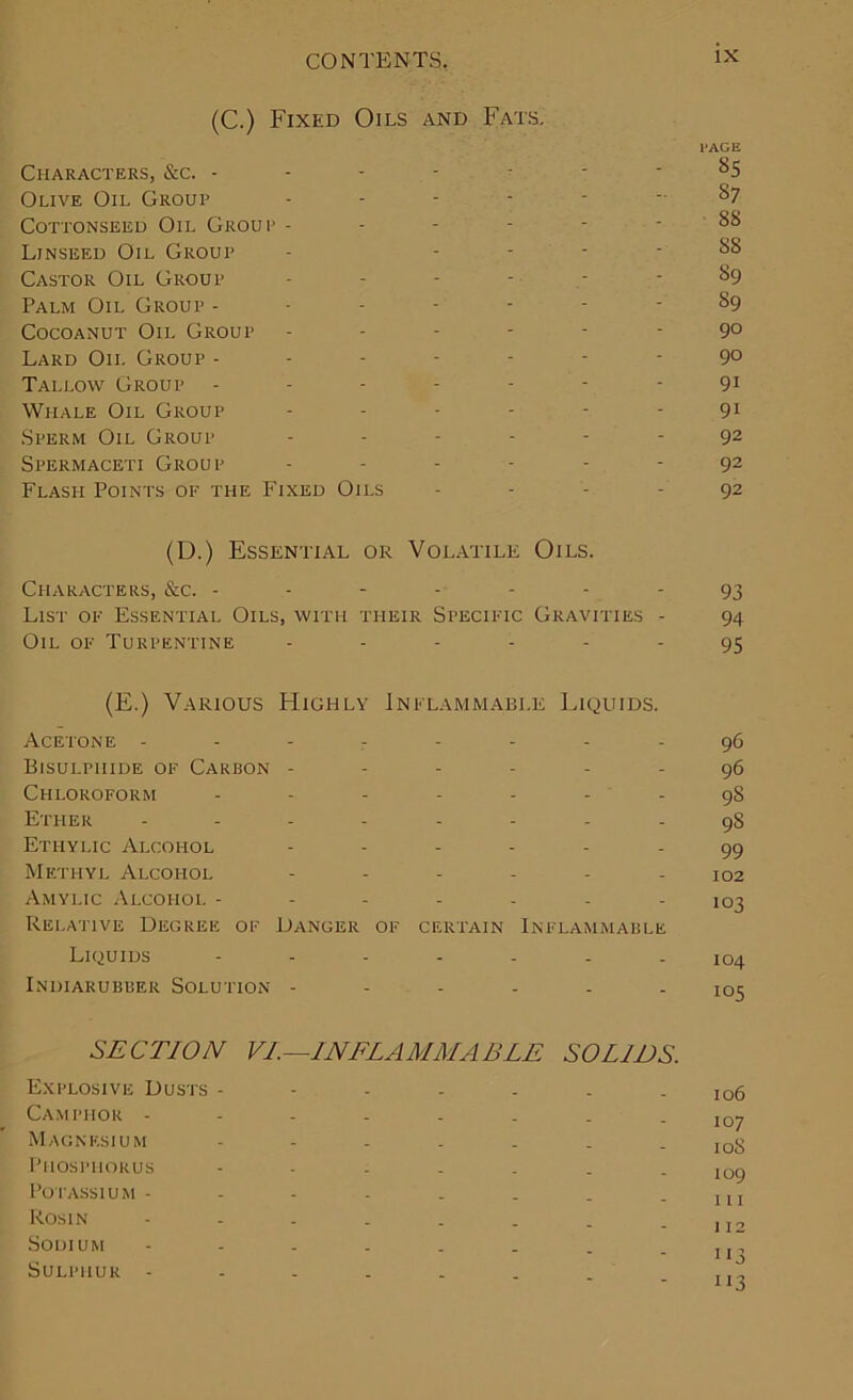 (C.) Fixed Oils and Fats. Characters, &c. - Olive Oil Group Cottonseed Oil Group - Linseed Oil Group Castor Oil Group Palm Oil Group - Cocoanut Oil Group Lard Oil Group - Tallow Group Whale Oil Group Sperm Oil Group Spermaceti Group Flash Points of the Fixed Oils ix PAGE 85 87 88 88 89 89 90 90 91 91 92 92 92 (D.) Essential or Volatile Oils. Characters, &c. - - - - - - - 93 List of Essential Oils, with their Specific Gravities - 94 Oil of Turpentine ------ 95 (E.) Various Highly Ii Acetone - Bisulphide of Carbon - Chloroform Ether .... Etliylic Alcohol Methyl Alcohol Amylic Alcohol - Relative Degree of Danger of Liquids Indiarubber Solution - flammable Liquids. 96 96 98 98 99 102 103 certain Inflammable 104 105 SECTION VI-INFLAMMABLE SOLIDS. Explosive Dusts Camphor Magnesium Phosphorus ....... Potassium Rosin Sodium Sulphur ...... 106 107 108 109 111 112 '13 U3