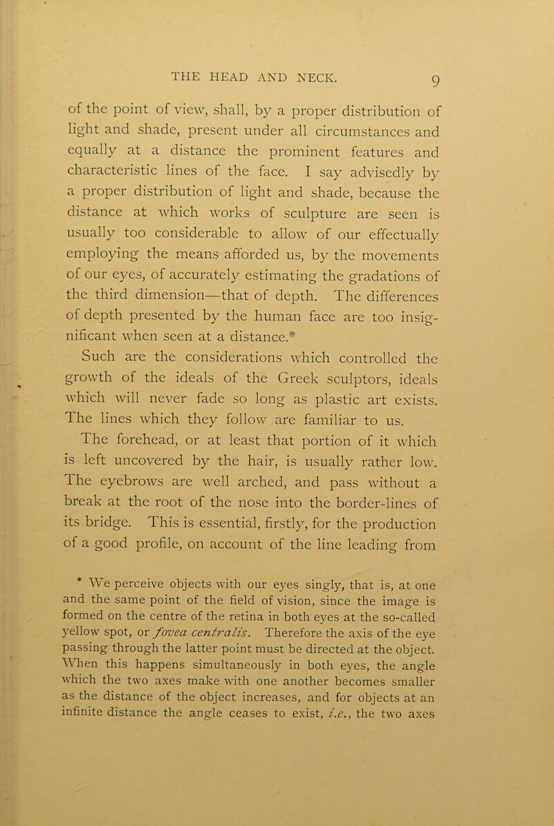 of the point of view, shall, by a proper distribution of light and shade, present under all circumstances and equally at a distance the prominent features and characteristic lines of the face. I say advisedly by a proper distribution of light and shade, because the distance at which works of sculpture are seen is usually too considerable to allow of our effectually employing the means afforded us, by the movements of our eyes, of accurately estimating the gradations of the third dimension—that of depth. The differences of depth presented by the human face are too insig- nificant when seen at a distance.* Such are the considerations which controlled the growth of the ideals of the Greek sculptors, ideals which will never fade so long as plastic art exists. The lines which they follow are familiar to us. The forehead, or at least that portion of it which is left uncovered by the hair, is usually rather low. The eyebrows are well arched, and pass without a break at the root of the nose into the border-lines of its bridge. This is essential, firstly, for the production of a good profile, on account of the line leading from * We perceive objects with our eyes singly, that is, at one and the same point of the field of vision, since the image is formed on the centre of the retina in both eyes at the so-called yellow spot, or fovea centralis. Therefore the axis of the eye passing through the latter point must be directed at the object. When this happens simultaneously in both eyes, the angle which the two axes make with one another becomes smaller as the distance of the object increases, and for objects at an infinite distance the angle ceases to exist, i.e., the two axes