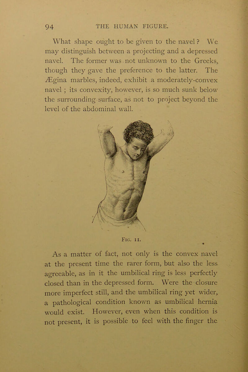 What shape ought to be given to the navel ? We may distinguish between a projecting and a depressed navel. The former was not unknown to the Greeks, though they gave the preference to the latter. The .^gina marbles, indeed, exhibit a moderately-convex navel ; its convexity, however, is so much sunk below the surrounding surface, as not to project beyond the level of the abdominal wall. Fig. II. As a matter of fact, not only is the convex navel at the present time the rarer form, but also the less, agreeable, as in it the umbilical ring is less perfectly closed than in the depressed form. Were the closure more imperfect still, and the umbilical ring yet widei% a pathological condition known as umbilical hernia would exist. However, even when this condition is not present, it is possible to feel with the finger the