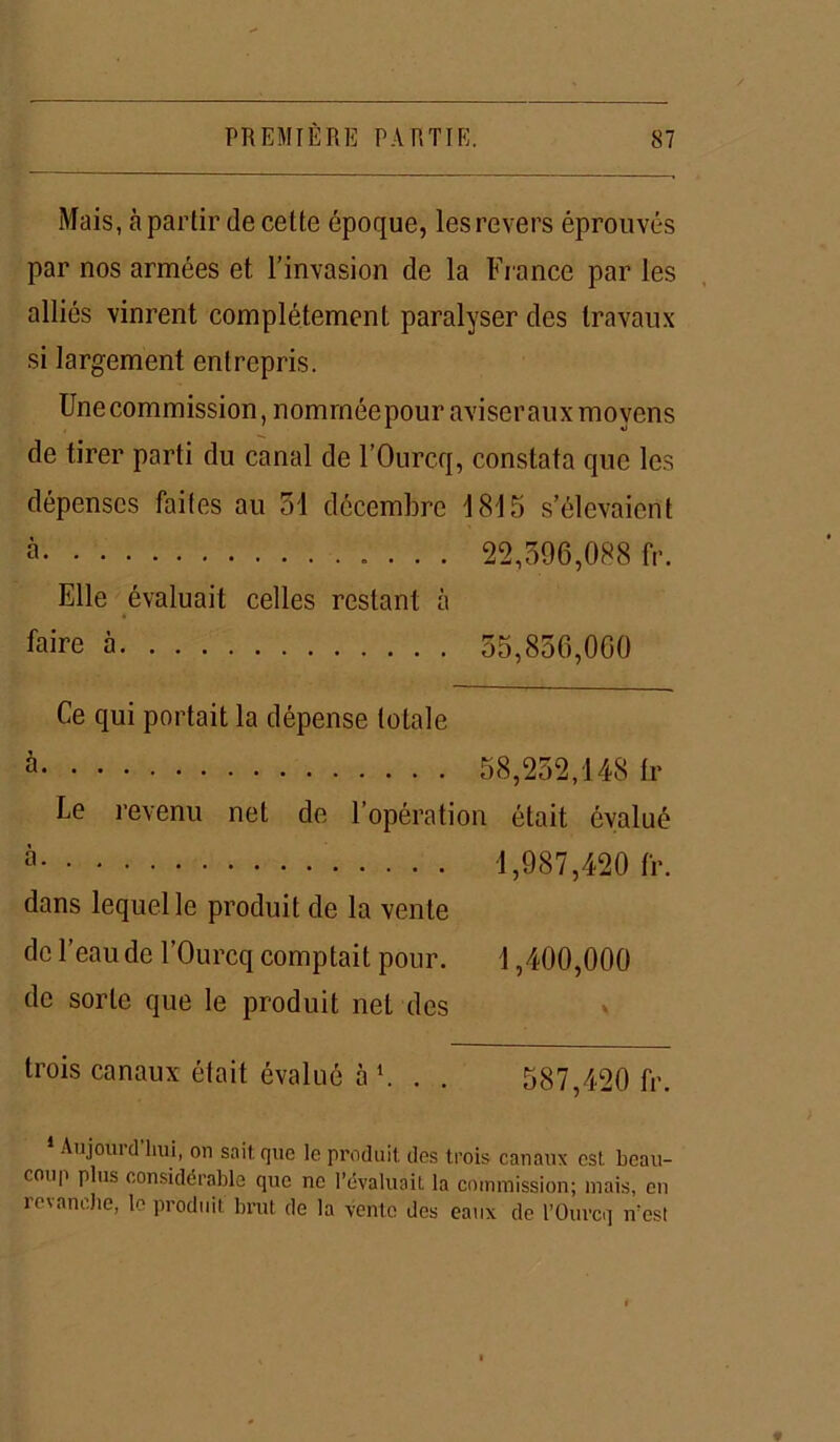 Mais, à partir de cette époque, les revers éprouvés par nos armées et l’invasion de la France par les alliés vinrent complètement paralyser des travaux si largement entrepris. Une commission, nomrnéepour aviser aux moyens de tirer parti du canal de l’Ourcq, constata que les dépenses faites au 5'1 décembre 1815 s’élevaient à 22,596,088 fr. Elle évaluait celles restant à faire à 55,856,060 Ce qui portait la dépense totale a 58,252,148 fr Le revenu net de l’opération était évalué à 1,987,420 fr. dans lequel le produit de la vente de l’eau de l’Ourcq comptait pour. 1,400,000 de sorte que le produit net des trois canaux était évalué à *. . . 587,420 fr. 1 Aujourd hui, on sait que le produit des trois canaux est beau- coup plus considérable que ne l’évaluait la commission; mais, en revanche, le produit brut de la vente des eaux de l’Ourcq n’est