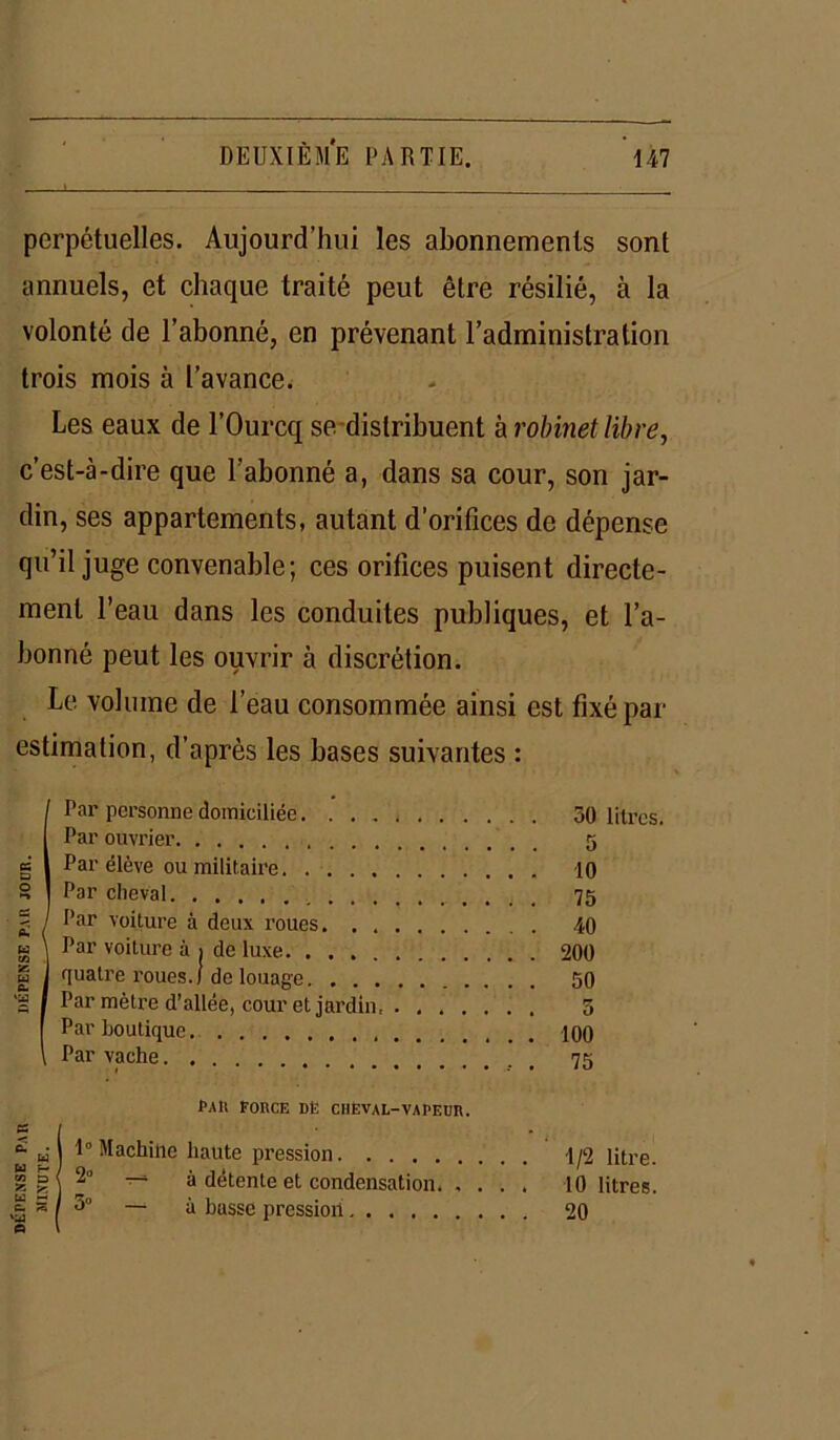 perpétuelles. Aujourd’hui les abonnements sont annuels, et chaque traité peut être résilié, à la volonté de l’abonné, en prévenant l’administration trois mois à l’avance. Les eaux de l’Ourcq se distribuent a robinet libre, c’est-à-dire que l’abonné a, dans sa cour, son jar- din, ses appartements, autant d’orifices de dépense qu’il juge convenable; ces orifices puisent directe- ment l’eau dans les conduites publiques, et l’a- bonné peut les ouvrir à discrétion. Le volume de l’eau consommée ainsi est fixé par estimation, d’après les bases suivantes : Par personne domiciliée Par ouvrier Par élève ou militaire Par cheval Par voiture à deux roues. . . . . . 40 Par voiture à i de luxe. . . . quatre roues.) de louage. . . . Par mètre d’allée, cour et jardin Par boutique Par vache. . . .. . 75 Paii force de cheval-vapeur. j 1° Machine haute pression \ 2° à détente et condensation. , . 10 litres. / 5° — à basse pression