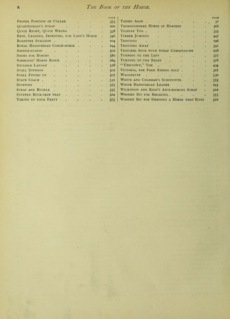 Proper Position of Collar Quartekmain’s Strap Quite Right, Quite Wrong Rein, Leading, Improved, for Lady's IIorse Roadster Stallion .... Royal Hanoverian Coach-horse . Saddle-stands .... Shoes for Horses .... Simmonds’ Horse Block Sociable Landau .... Stall Division .... Stall Fitted up State Coach ..... Stopping ..... Strap and Buckle .... Stuffed Buck-skin Seat Taking up your Party PAGH Tarbes Arab . . . . . .31 Thoroughbred Horse in Harness . . 366 Tilbury Tug ...... 355 Timber Jumping ..... 447 Trotting ...... 196 Trotting Away . . . . .341 Trousers Spur with Strap Combination . 298 Turning to the Left .... 377 Turning to the Right .... 376 “ Unknown,” The ..... 434 Victoria, for Park Riding only . . . 327 Wagonette ...... 530 White and Coleman’s Substitute. . . 355 White Hanoverian Leader . . . 245 Wilkinson and Kidd’s Anti-kicking Strap . 522 Wooden Bit for Breaking .... 355 Wooden Bit for Dressing a Horse that Bites 522 PACK 353 200 338 346 104 244 502 580 264 528 502 507 53i 375 355 324 373
