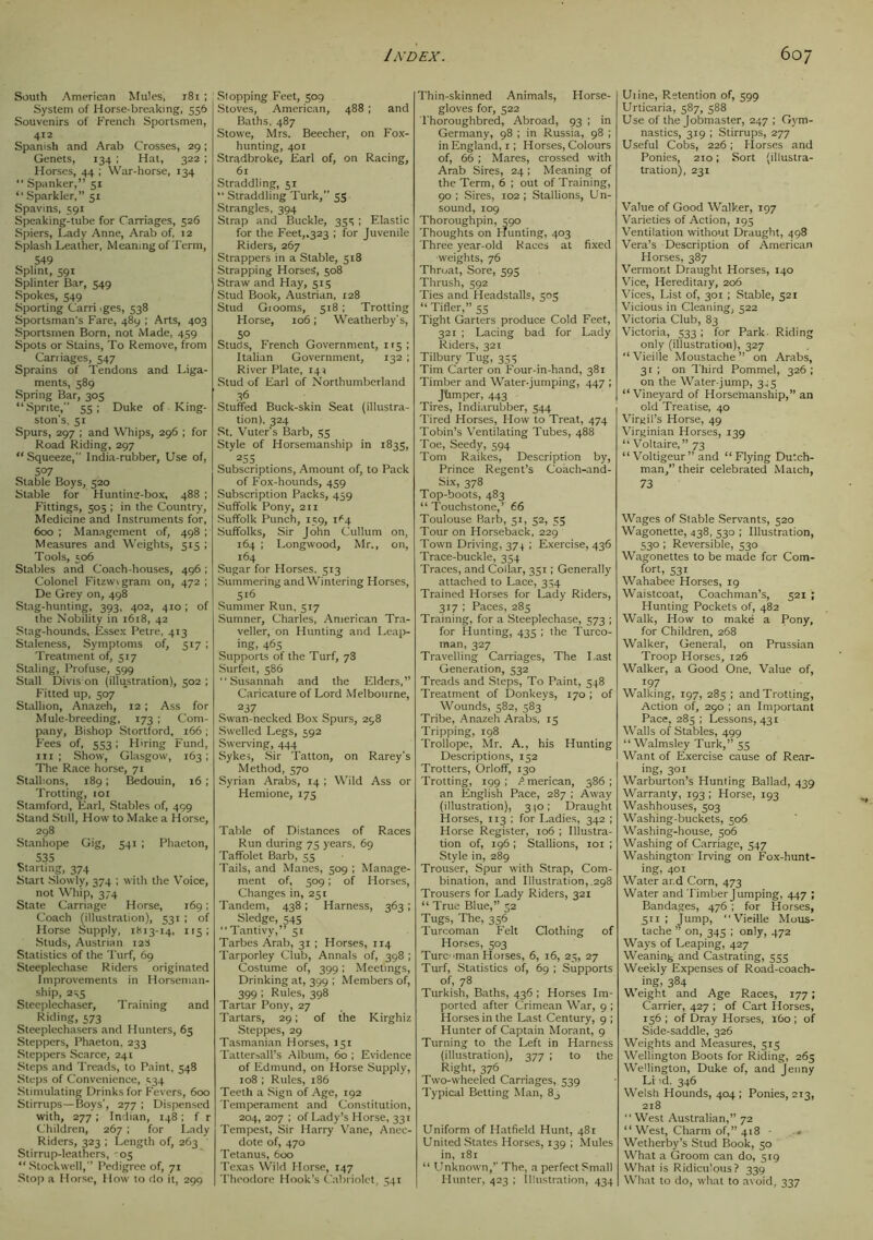 South American Mules, 181 ; ] System of Horse-breaking, 556 Souvenirs of French Sportsmen, 412 Spanish and Arab Crosses, 29; Genets, 134 ; Hat, 322 ; Horses, 44 ; War-horse, 134 11 Spanker,” 51 “ Sparkler,” 51 Spavins, 591 Speaking-tube for Carriages, 526 Spiers, Lady Anne, Arab of, 12 Splash Leather, Meaning of Term, 549 Splint, 591 Splinter Bar, 549 Spokes, S49 Sporting Carri ,ges, 538 Sportsman’s Fare, 489 ; Arts, 403 Sportsmen Born, not Made, 459 Spots or Stains, To Remove, from Carriages, 547 Sprains of Tendons and Liga- ments, 589 Spring Bar, 305 “Sprite, 55 ; Duke of King- ston's, 51 Spurs, 297 ; and Whips, 296 ; for Road Riding, 297 “ Squeeze, India-rubber, Use of, 5°7 Stable Boys, 520 Stable for Hunting-box, 488 ; Fittings, 505 ; in the Country, Medicine and Instruments for, 600 ; Management of, 498 ; Measures and Weights, 515 ; Tools, 506 Stables and Coach-houses, 496 ; Colonel Fitzwygram on, 472 ; De Grey on, 498 Stag-hunting, 393, 402, 410; of the Nobility in 1618, 42 Stag-hounds, Essex Petre, 413 Staleness, Symptoms of, 517 ; Treatment of, 517 Staling, Profuse, 599 Stall Divis on (illustration), 502 ; Fitted up, 507 Stallion, Anazeh, 12 ; Ass for Mule-breeding, 173 ; Com- pany, Bishop Stortford, 166 ; Fees of, 553; Hiring Fund, hi ; Show, Glasgow', 163 ; The Race horse, 71 Stallions, 189; Bedouin, 16 ; Trotting, 101 Stamford, Earl, Stables of, 499 Stand Still, How to Make a Horse, 298 Stanhope Gig, 541 ; Phaeton, 535 Starting, 374 Start Slowly, 374 ; with the Voice, not Whip, 374 State Carriage Horse, 169; Coach (illustration), 531 ; of Horse Supply, 1813-14, 115 ; Studs, Austrian 12S Statistics of the Turf, 69 Steeplechase Riders originated Improvements in Horseman- ship, 2K5 Steeplechaser, Training and Riding, 573 Steeplechasers and Hunters, 65 Steppers, Phaeton, 233 Steppers Scarce, 241 Steps and Treads, to Paint, 548 Steps of Convenience, 534 Stimulating Drinks for Fevers, 600 Stirrups—Boys’, 277 ; Dispensed with, 277 ; Indian, 148; f r Children, 267 ; for Lady Riders, 323 ; Length of, 263 Stirrup-leathers, '05 “Stockwell,” Pedigree of, 71 Stop a Horse, How to do it, 299 Slopping Feet, 509 Stoves, American, 488 ; and Baths, 487 Stowe, Mrs. Beecher, on Fox- hunting, 401 Stradbroke, Earl of, on Racing, 61 Straddling, 51 “ Straddling Turk, 55 Strangles, 394 Strap and Buckle, 355 ; Elastic for the Feet,.323 ; for Juvenile Riders, 267 Strappers in a Stable, 518 Strapping Horses, 508 Straw and Hay, 515 Stud Book, Austrian, 128 Stud Grooms, 518 ; Trotting Horse, 106; Weatherby’s, 5° Studs, French Government, 115 ; Italian Government, 132 ; River Plate, 141 Stud of Earl of Northumberland 36 Stuffed Buck-skin Seat (illustra- tion), 324 St. Vuter’s Barb, 55 Style of Horsemanship in 1835, 255 Subscriptions, Amount of, to Pack of Fox-hounds, 459 Subscription Packs, 459 Suffolk Pony, 211 Suffolk Punch, 159, 164 Suffolks, Sir John Cullum on, 164 ; Longwood, Mr., on, 164 Sugar for Horses. 513 Summering and Wintering Horses, 516 Summer Run, 517 Sumner, Charles, American Tra- veller, on Hunting and Leap- ing, 465 Supports of the Turf, 78 Surfeit, 586 “Susannah and the Elders,” Caricature of Lord Melbourne, 237 Swan-necked Box Spurs, 258 Swelled Legs, 592 Swerving, 444 Sykes, Sir Tatton, on Rarey’s Method, 570 Syrian Arabs, 14 ; Wild Ass or Hemione, 175 Table of Distances of Races Run during 75 years, 69 Taffolet Barb, 55 Tails, and Manes, 509 ; Manage- ment of, 509; of Horses, Changes in, 251 Tandem, 438; Harness, 363; Sledge, 545 “Tantivy,” 51 Tarbes Arab, 31 ; Horses, 114 Tarporley Club, Annals of, 398 ; Costume of, 399; Meetings, Drinking at, 399 ; Members of, 399 ; Rules, 398 Tartar Pony, 27 Tartars, 29; of the Kirghiz Steppes, 29 Tasmanian Horses, 151 Tatter=all’s Album, 60 ; Evidence of Edmund, on Horse Supply, 108 ; Rules, 186 Teeth a Sign of Age, 192 Temperament and Constitution, 204, 207 ; of Lady’s Horse, 331 Tempest, Sir Harry Vane, Anec- dote of, 470 Tetanus, 600 Texas Wild Horse, 147 Theodore Hook’s Cabriolet, 541 Thin-skinned Animals, Horse- gloves for, 522 Thoroughbred, Abroad, 93 ; in Germany, 98 ; in Russia, 98 ; in England, 1; Horses, Colours of, 66 ; Mares, crossed with Arab Sires, 24 ; Meaning of the Term, 6 ; out of Training, 90 ; Sires, 102 ; Stallions, Un- sound, 109 Thoroughpin, 590 Thoughts on Hunting, 403 Three year-old Races at fixed weights, 76 Throat, Sore, 595 Thrush, 592 Ties and Headstalls, 505 “ Tifler,” 55 Tight Garters produce Cold Feet, 321 ; Lacing bad for Lady Riders, 321 Tilbury Tug, 355 Tim Carter on Four-in-hand, 381 Timber and Water-jumping, 447 ; Jtimper, 443 Tires, Indiarubber, 544 Tired Horses, How to Treat, 474 Tobin’s Ventilating Tubes, 488 Toe, Seedy, 594 Tom Raikes, Description by, Prince Regent’s Coach-and- Six, 378 Top-boots, 483 “ Touchstone,’ 66 Toulouse Barh, 51, 52, 55 Tour on Horseback, 229 Town Driving, 374 ; Exercise, 436 Trace-buckle, 354 Traces, and Collar, 351; Generally attached to Lace, 354 Trained Horses for Lady Riders, 317 ; Paces, 285 Training, for a Steeplechase, 573 ; for Hunting, 435 ; the Turco- man, 327 Travelling Carriages, The Last Generation, 532 Treads and Steps, To Paint, 548 Treatment of Donkeys, 170 ; of Wounds, 582, 583 Tribe, Anazeh Arabs, 15 Tripping, 198 Trollope, Mr. A., his Hunting Descriptions, 152 Trotters, Orloff, 130 Trotting, 199; American, 386; an English Pace, 287 ; Away (illustration), 310; Draught Horses, 113 ; for Ladies, 342 ; Horse Register, 106 ; Illustra- tion of, 196 ; Stallions, 101 ; Style in, 289 Trouser, Spur with Strap, Com- bination, and Illustration,.298 Trousers for Lady Riders, 321 “ True Blue,” 52 Tugs, The, 356 Turcoman Felt Clothing of Horses, 503 Turcoman Horses, 6, 16, 25, 27 Turf, Statistics of, 69 ; Supports of, 78 Turkish, Baths, 436 ; Horses Im- ported after Crimean War, 9 ; Horses in the Last Century, 9 ; Hunter of Captain Morant, 9 Turning to the Left in Harness (illustration), 377 ; to the Right, 376 Two-wheeled Carriages, 539 Typical Betting Man, 80 Uniform of Hatfield Hunt, 481 United States Horses, 139 ; Mules in, 181 “ Unknown,’’ The, a perfect Small Hunter, 423 ; Illustration, 434 Uiine, Retention of, 599 Urticaria, 587, 588 Use of the Jobmaster, 247 ; Gym- nastics, 319 ; Stirrups, 277 Useful Cobs, 226; Horses and Ponies, 210; Sort (illustra- tration), 231 Value of Good Walker, 197 Varieties of Action, 195 Ventilation without Draught, 498 Vera’s Description of American Horses, 387 Vermont Draught Horses, 140 Vice, Hereditary, 206 Vices, List of, 301 ; Stable, 521 Vicious in Cleaning, 522 Victoria Club, 83 Victoria, 533; for Park- Riding only (illustration), 327 “Vieille Moustache” on Arabs, 31 ; on Third Pommel, 326 ; on the Water-jump, 345 “Vineyard of Horsemanship,” an old Treatise, 40 Virgil’s Horse, 49 Virginian Horses, 139 “ Voltaire,” 73 “ Voltigeur” and “ Flying Dutch- man,” their celebrated Match, 73 Wages of Stable Servants, 520 Wagonette, 438, 530 ; Illustration, 530 ; Reversible, 530 Wagonettes to be made for Com- fort, S31 Wahabee Horses, 19 Waistcoat, Coachman’s, 521 ; Hunting Pockets of, 482 Walk, How to make a Pony, for Children, 268 Walker, General, on Prussian Troop Horses, 126 Walker, a Good One, Value of, 197 Walking, 197, 285 ; and Trotting, Action of, 290 ; an Important Pace, 285 ; Lessons, 431 Walls of Stables, 499 “ Walmsley Turk,” 55 Want of Exercise cause of Rear- ing, 301 Warburton’s Hunting Ballad, 439 Warranty, 193 ; Horse, 193 Washhouses, 503 Washing-buckets, 506 Washing-house, 506 Washing of Carriage, 547 Washington Irving on Fox-hunt- ing, 401 Water ar.d Corn, 473 Water and Timber Jumping, 447 ; Bandages, 476 ; for Horses, 511; Jump, “Vieille Mous- tache ” on, 345 ; only, 472 Ways of Leaping, 427 Weaning and Castrating, 555 Weekly Expenses of Road-coach- ing, 384 Weight and Age Races, 177; Carrier, 427 ; of Cart Horses, 156 ; of Dray Horses, 1C0 ; of Side-saddle, 326 Weights and Measures, 515 Wellington Boots for Riding, 265 Wellington, Duke of, and Jenny Li id. 346 Welsh Hounds, 404 ; Ponies, 213, 218 “ West Australian,” 72 “ West, Charm of,” 418 - Wetherby’s Stud Book, 50 What a Groom can do, 519 What is Ridiculous? 339 What to do, what to avoid, 337