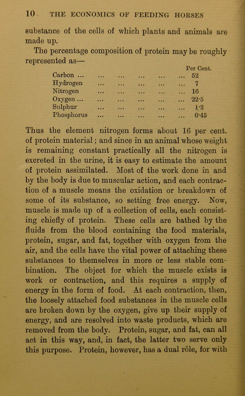 substance of the cells of which plants and animals are made up. The percentage composition of protein may be roughly represented as— Per Cent. Carbon 52 Hydrogen ... 7 Nitrogen 16 Oxygen 22*5 Sulphur 1*2 Phosphorus ... 0’45 Thus the element nitrogen forms about 16 per cent, of protein material; and since in an animal whose weight is remaining constant practically all the nitrogen is excreted in the urine, it is easy to estimate the amount of protein assimilated. Most of the work done in and by the body is due to muscular action, and each contrac- tion of a muscle means the oxidation or breakdown of some of its substance, so setting free energy. Now, muscle is made up of a collection of cells, each consist- ing chiefly of protein. These cells are bathed by the fluids from the blood containing the food materials, protein, sugar, and fat, together with oxygen from the air, and the cells have the vital power of attaching these substances to themselves in more or less stable com- bination. The object for which the muscle exists is work or contraction, and this requires a supply of energy in the form of food. At each contraction, then, the loosely attached food substances in the muscle cells are broken down by the oxygen, give up their supply of energy, and are resolved into waste products, which are removed from the body. Protein, sugar, and fat, can all act in this way, and, in fact, the latter two serve only this purpose. Protein, however, has a dual role, for with