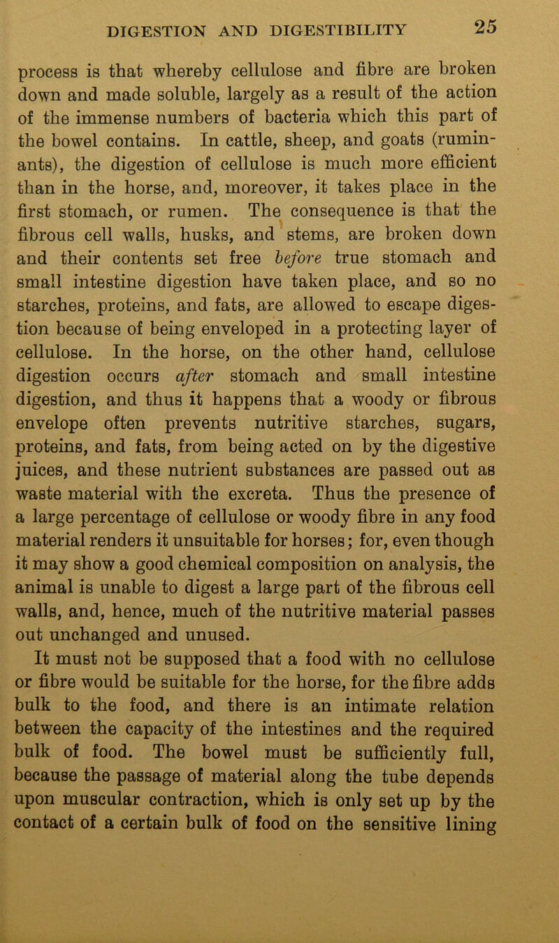 process is that whereby cellulose and fibre are broken down and made soluble, largely as a result of the action of the immense numbers of bacteria which this part of the bowel contains. In cattle, sheep, and goats (rumin- ants), the digestion of cellulose is much more efficient than in the horse, and, moreover, it takes place in the first stomach, or rumen. The consequence is that the fibrous cell walls, husks, and stems, are broken down and their contents set free before true stomach and small intestine digestion have taken place, and so no starches, proteins, and fats, are allowed to escape diges- tion because of being enveloped in a protecting layer of cellulose. In the horse, on the other hand, cellulose digestion occurs after stomach and small intestine digestion, and thus it happens that a woody or fibrous envelope often prevents nutritive starches, sugars, proteins, and fats, from being acted on by the digestive juices, and these nutrient substances are passed out as waste material with the excreta. Thus the presence of a large percentage of cellulose or woody fibre in any food material renders it unsuitable for horses; for, even though it may show a good chemical composition on analysis, the animal is unable to digest a large part of the fibrous cell walls, and, hence, much of the nutritive material passes out unchanged and unused. It must not be supposed that a food with no cellulose or fibre would be suitable for the horse, for the fibre adds bulk to the food, and there is an intimate relation between the capacity of the intestines and the required bulk of food. The bowel must be sufficiently full, because the passage of material along the tube depends upon muscular contraction, which is only set up by the contact of a certain bulk of food on the sensitive lining