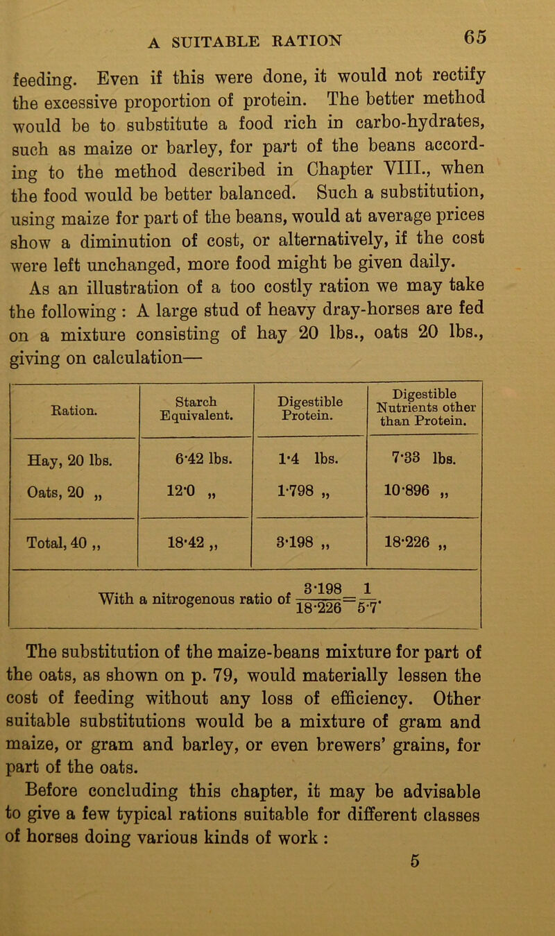 feeding. Even if this were done, it would not rectify the excessive proportion of protein. The better method would be to substitute a food rich in carbo-hydrates, such as maize or barley, for part of the beans accord- ing to the method described in Chapter VIII., when the food would be better balanced. Such a substitution, using maize for part of the beans, would at average prices show a diminution of cost, or alternatively, if the cost were left unchanged, more food might be given daily. As an illustration of a too costly ration we may take the following : A large stud of heavy dray-horses are fed on a mixture consisting of hay 20 lbs., oats 20 lbs., giving on calculation— Ration. Starch Equivalent. Digestible Protein. Digestible Nutrients other than Protein. Hay, 20 lbs. Oats, 20 „ 6*42 lbs. 12*0 „ 1*4 lbs. 1*798 „ 7*33 lbs. 10*896 „ Total, 40 ,, 18*42 „ 3*198 „ 18*226 „ 3*198 1 With a nitrogenous ratio of The substitution of the maize-beans mixture for part of the oats, as shown on p. 79, would materially lessen the cost of feeding without any loss of efficiency. Other suitable substitutions would be a mixture of gram and maize, or gram and barley, or even brewers’ grains, for part of the oats. Before concluding this chapter, it may be advisable to give a few typical rations suitable for different classes of horses doing various kinds of work : 5