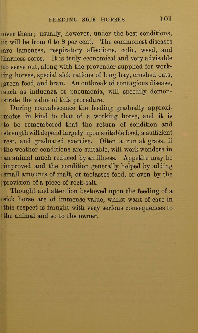 over them; usually, however, under the best conditions, lit will be from 6 to 8 per cent. The commonest diseases fare lameness, respiratory affections, colic, weed, and lharness sores. It is truly economical and very advisable Ito serve out, along with the provender supplied for work- iing horses, special sick rations of long hay, crushed oats, 1 green food, and bran. An outbreak of contagious disease, isuch as influenza or pneumonia, will speedily demon- : strate the value of this procedure. During convalescence the feeding gradually approxi- 1 mates in kind to that of a working horse, and it is to be remembered that the return of condition and strength will depend largely upon suitable food, a sufficient rest, and graduated exercise. Often a run at grass, if the weather conditions are suitable, will work wonders in I an animal much reduced by an illness. Appetite may be i improved and the condition generally helped by adding small amounts of malt, or molasses food, or even by the provision of a piece of rock-salt. Thought and attention bestowed upon the feeding of a sick horse are of immense value, whilst want of care in this respect is fraught with very serious consequences to the animal and so to the owner.