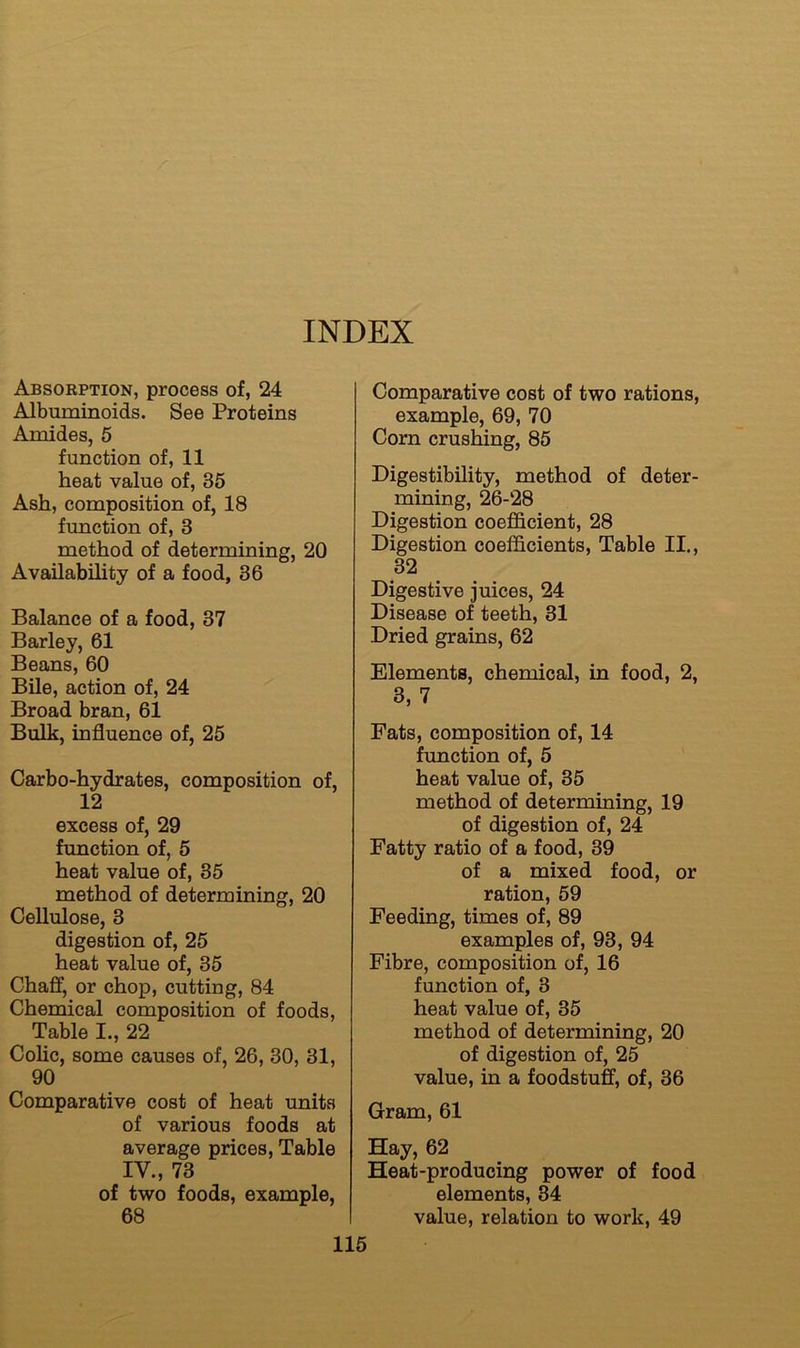 INDEX Absorption, process of, 24 Albuminoids. See Proteins Amides, 5 function of, 11 heat value of, 35 Ash, composition of, 18 function of, 3 method of determining, 20 Availability of a food, 36 Balance of a food, 37 Barley, 61 Beans, 60 Bile, action of, 24 Broad bran, 61 Bulk, influence of, 25 Carbo-hydrates, composition of, 12 excess of, 29 function of, 5 heat value of, 35 method of determining, 20 Cellulose, 3 digestion of, 25 heat value of, 35 Chafif, or chop, cutting, 84 Chemical composition of foods, Table I., 22 Colic, some causes of, 26, 30, 31, 90 Comparative cost of heat units of various foods at average prices, Table IV., 73 of two foods, example, 68 Comparative cost of two rations, example, 69, 70 Corn crushing, 85 Digestibility, method of deter- mining, 26-28 Digestion coefficient, 28 Digestion coefficients. Table II., 32 Digestive juices, 24 Disease of teeth, 31 Dried grains, 62 Elements, chemical, in food, 2, 3,7 Fats, composition of, 14 function of, 5 heat value of, 35 method of determining, 19 of digestion of, 24 Fatty ratio of a food, 39 of a mixed food, or ration, 59 Feeding, times of, 89 examples of, 93, 94 Fibre, composition of, 16 function of, 3 heat value of, 35 method of determining, 20 of digestion of, 25 value, in a foodstuff, of, 36 Gram, 61 Hay, 62 Heat-producing power of food elements, 34 value, relation to work, 49