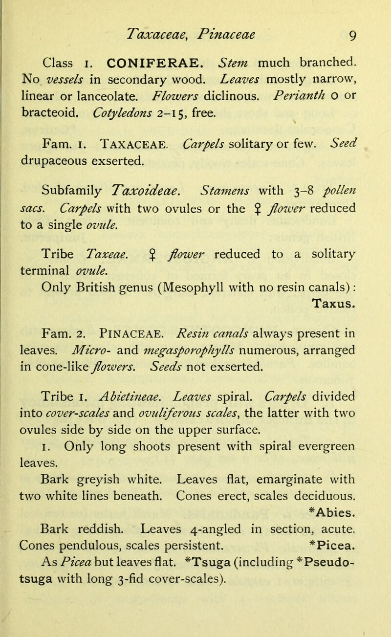 Class i. CONIFERAE. Stem much branched. No vessels in secondary wood. Leaves mostly narrow, linear or lanceolate. Flowers diclinous. Perianth O or bracteoid. Cotyledons 2-15, free. Fam. 1. Taxaceae. Carpels solitary or few. Seed drupaceous exserted. Subfamily Taxoideae. Stamens with 3-8 pollen sacs. Carpels with two ovules or the $ flower reduced to a single ovule. Tribe Taxeae. $ flower reduced to a solitary terminal ovide. Only British genus (Mesophyll with no resin canals): Taxus. Fam. 2. Pinaceae. Resin canals always present in leaves. Micro- and megasporophylls numerous, arranged in cone-like flowers. Seeds not exserted. Tribe I. Abietineae. Leaves spiral. Carpels divided into cover-scales and ov?diferous scales, the latter with two ovules side by side on the upper surface. 1. Only long shoots present with spiral evergreen leaves. Bark greyish white. Leaves flat, emarginate with two white lines beneath. Cones erect, scales deciduous. *Abies. Bark reddish. Leaves 4-angled in section, acute. Cones pendulous, scales persistent. *Picea. As Picea but leaves flat. *Tsuga (including *Pseudo- tsuga with long 3-fid cover-scales).