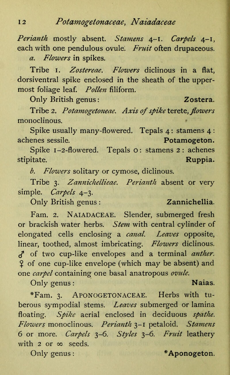 Perianth mostly absent. Stamens 4-1. Carpels 4-1, each with one pendulous ovule. Fruit often drupaceous. a. Flowers in spikes. Tribe 1. Zostereae. Flowers diclinous in a flat, dorsiventral spike enclosed in the sheath of the upper- most foliage leaf. Pollen filiform. Only British genus: Zostera. Tribe 2. Potamogetoneae. Axis of spike terete, flowers monoclinous. Spike usually many-flowered. Tepals 4: stamens 4 : achenes sessile. Potamogeton. Spike 1-2-flowered. Tepals o: stamens 2: achenes stipitate. Ruppia. b. Flowers solitary or cymose, diclinous. Tribe 3. Zannichellieae. Perianth absent or very simple. Carpels 4-3. Only British genus : Zannichellia. Fam. 2. Naiadaceae. Slender, submerged fresh or brackish water herbs. Stem with central cylinder of elongated cells enclosing a canal. Leaves opposite, linear, toothed, almost imbricating. Flowers diclinous. g of two cup-like envelopes and a terminal anther. $ of one cup-like envelope (which may be absent) and one carpel containing one basal anatropous ovule. Only genus: Naias. *Fam. 3. Aponogetonaceae. Herbs with tu- berous sympodial stems. Leaves submerged or lamina floating. Spike aerial enclosed in deciduous spathe. Flowers monoclinous. Perianth 3-1 petaloid. Stamens 6 or more. Carpels 3-6. Styles 3-6. Fruit leathery with 2 or 00 seeds. Only genus: *Aponogeton.