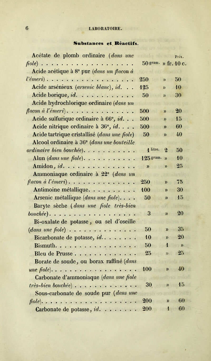 Substances et Réactifs. Acétate de plomb ordinaire (dans une Pris. fiole) 50gram- » fr. 10 c. Acide acétique à 8° pur (dans un flacon à l'émeri) 250 » 50 Acide arsénieux (arsenic blanc), id. . . 125 » 10 Acide borique, id 50 » 30 Acide hydrochlorique ordinaire (dans un flacon à l’émeri) 500 » 20 Acide sulfurique ordinaire à 66°, id. . . 500 » 15 Acide nitrique ordinaire à 36°, id. . . . 500 » 60 Acide tartrique cristallisé (dans une fiole) 50 » 40 Alcool ordinaire à 36° (dans une bouteille ordinaire bien bouchée) 4 litre, <2 50 Alun (dans une fiole) 125sram' » 10 Amidon, id » » 25 Ammoniaque ordinaire à 22° (dans un façon à l’émeri) 250 » 75 Antimoine métallique 100 » 30 Arsenic métallique [dans une fiole). . . . 50 » 15 Baryte sèche {dans une foie très-bien bouchée). . » . 3 » 20 Bi-oxalate de potasse, ou sel d’oseille {dans une foie) 50 » 35 Bicarbonate de potasse, id 10 » 20 Bismuth. 50 1 » Bleu de Prusse 25 » 25 Borate de soude, ou borax raffiné {dans une foie). . 100 » 40 Carbonate d’ammoniaque (dans une foie très-bien bouchée) 30 » 15 Sous-carbonate de soude pur {dans une foie) 200 » 60