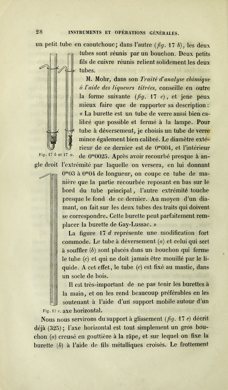 un petit tube en caoutchouc; dans l'autre (fig. 17 b), les deux tubes sont réunis par un bouchon. Deux petits fils de cuivre réunis relient solidement les deux tubes. M. Mohr, dans son Traité d'analyse chimique à l'aide des liqueurs titrées, conseille en outre la forme suivante ( fig. 17 c), et jene peux mieux faire que de rapporter sa description : « La burette est un tube de verre aussi bien ca- libré que possible et fermé à la lampe. Pour tube à déversement, je choisis un tube de verre mince également bien calibré. Le diamètre exté- rieur de ce dernier est de 0“0(M, et l’intérieur fis. i7 j et 17 a. jg om0025. Après avoir recourbé presque à an- gle droit l’extrémité par laquelle on versera, en lui donnant 0m03 à 0“04 de longueur, on coupe ce tube de ma- nière que la partie recourbée reposant en bas sur le bord du tube principal, l’autre extrémité touche presque le fond de ce dernier. Au moyen d’un dia- mant, on fait sur les deux tubes des traits qui doivent se correspondre. Cette burette peut parfaitement rem- placer la burette de Gay-Lussac. » La figure 17 d représente une modification fort commode. Le tube à déversement (a) et celui qui sert à souffler [b) sont placés dans un bouchon qui ferme le tube (c) et qui ne doit jamais être mouillé par le li- quide. A cet effet, le tube (c) est fixé au mastic, dans un socle de bois. 11 est très-important de ne pas tenir les burettes à la main, et on les rend beaucoup préférables en les jJJJ soutenant à l’aide d’un support mobile autour d’un Fig. 17 c. axe horizontal. Nous nous servirons du support à glissement ( fig. 17 e) décrit déjà (325) ; l’axe horizontal est tout simplement un gros bou- chon (a) creusé en gouttière à la râpe, et sur lequel on fixe la burette (b) à l’aide de fils métalliques croisés. Le frottement