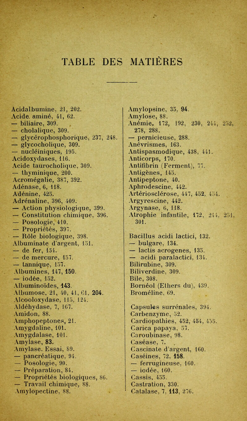 TABLE DES MATIÈRES Acidalbumine, 21, 202. Acide, aminé, 41, 62. — biliaire, 309. — cholalique, 309. — glycérophosphorique, 237, 248. — glycocholique, 309. — nucléiniques, 195. Acidoxydases, 116. Acide taurocholique, 309. — thyminique, 200. Acromégalie, 387, 392. Adénase, 6, 118. Adénine, 425. Adrénaline, 396, 409. — Action physiologique, 399. — Constitution chimique, 396. — Posologie, 410. — Propriétés, 397. — Rôle biologique, 398. Albuminate d’argent, 151. — de fer, 154. — de mercure, 157. — lannique, 157. Albumines, 147, 150. — iodée, 152. Albuminoïdes, 143. Albumose, 21, 40, 41, 61, 204. Alcooloxydase, 115, 124. Aldéhydase, 7, 167. Amidon, 88. Amphopeptones, 21. Amygdaline, 101. Amygdalase, 101. Amylase, 83. Amylase. Essai, 89. — pancréatique, 94. — Posologie, 90. — Préparation, 84. — Propriétés biologiques, 86. — Travail chimique, 88. Amylopectine, 88. Amylopsine, 35, 94. Amylose, 88. Anémie, 172, 192, 230, 244, 278, 288. — pernicieuse, 288. Anévrismes, 163. Antispasmodique, 438, 441. Anticorps, 170. Antifîbrin (Ferment), 77. Antigènes, 145. Antipeptone, 40. Aphrodescine, 442. Artériosclérose, 447, 452, 454. Argyrescine, 442. Argynase, 6, 118. Atrophie infantile, 172, 244, 301. Bacillus acidi lactici, 132. — bulgare, 134. — lactis acrogenes, 135. — acidi paralactici, 134. Bilirubine, 309. Biliverdine, 309. Bile, 308. Bornéol (Ethers du), 439. Broméline, 69. Capsules surrénales, 394. Carbenzyme, 52. Cardiopathies, 452, 454, 455. Carica papaya, 57. Caroubinase, 98. Caséase, 7. . Cascinate d’argent, 160. Caséines, 72, 158. — ferrugineuse, 160. — iodée, 160. Cassis, 455. Castration, 330. Catalase, 7, 113, 276.