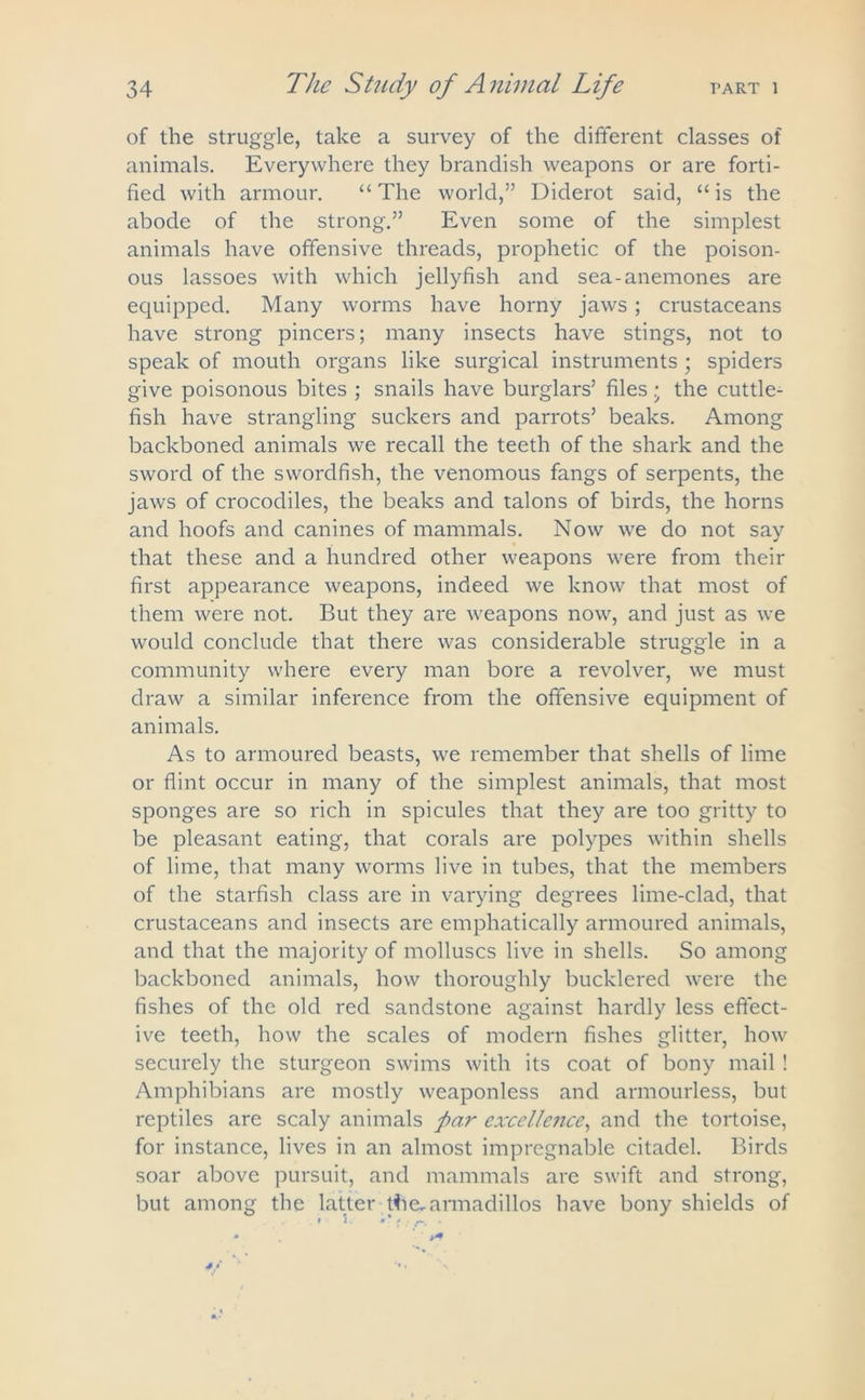 of the struggle, take a survey of the different classes of animals. Everywhere they brandish weapons or are forti- fied with armour. “ The world,” Diderot said, “ is the abode of the strong.” Even some of the simplest animals have offensive threads, prophetic of the poison- ous lassoes with which jellyfish and sea-anemones are equipped. Many worms have horny jaws ; crustaceans have strong pincers; many insects have stings, not to speak of mouth organs like surgical instruments • spiders give poisonous bites ; snails have burglars’ files • the cuttle- fish have strangling suckers and parrots’ beaks. Among backboned animals we recall the teeth of the shark and the sword of the swordfish, the venomous fangs of serpents, the jaws of crocodiles, the beaks and talons of birds, the horns and hoofs and canines of mammals. Now we do not say that these and a hundred other weapons were from their first appearance weapons, indeed we know that most of them were not. But they are weapons now, and just as we would conclude that there was considerable struggle in a community where every man bore a revolver, we must draw a similar inference from the offensive equipment of animals. As to armoured beasts, we remember that shells of lime or flint occur in many of the simplest animals, that most sponges are so rich in spicules that they are too gritty to be pleasant eating, that corals are polypes within shells of lime, that many worms live in tubes, that the members of the starfish class are in varying degrees lime-clad, that crustaceans and insects are emphatically armoured animals, and that the majority of molluscs live in shells. So among backboned animals, how thoroughly bucklered were the fishes of the old red sandstone against hardly less effect- ive teeth, how the scales of modern fishes glitter, how securely the sturgeon swims with its coat of bony mail ! Amphibians are mostly weaponless and armourless, but reptiles are scaly animals par excellence, and the tortoise, for instance, lives in an almost impregnable citadel. Birds soar above pursuit, and mammals are swift and strong, but among the latter the.armadillos have bony shields of