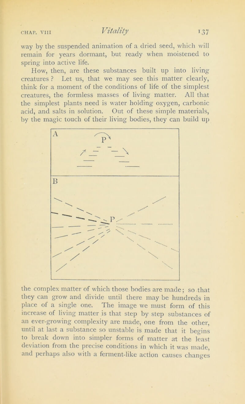 way by the suspended animation of a dried seed, which will remain for years dormant, but ready when moistened to spring into active life. How, then, are these substances built up into living creatures ? Let us, that we may see this matter clearly, think for a moment of the conditions of life of the simplest creatures, the formless masses of living matter. All that the simplest plants need is water holding- oxygen, carbonic acid, and salts in solution. Out of these simple materials, by the magic touch of their living bodies, they can build up the complex matter of which those bodies are made; so that they can grow and divide until there may be hundreds in place of a single one. The image we must form of this increase of living matter is that step by step substances of an ever-growing complexity are made, one from the other, until at last a substance so unstable is made that it begins to break down into simpler forms of matter at the least deviation from the precise conditions in which it was made, and perhaps also with a ferment-like action causes changes
