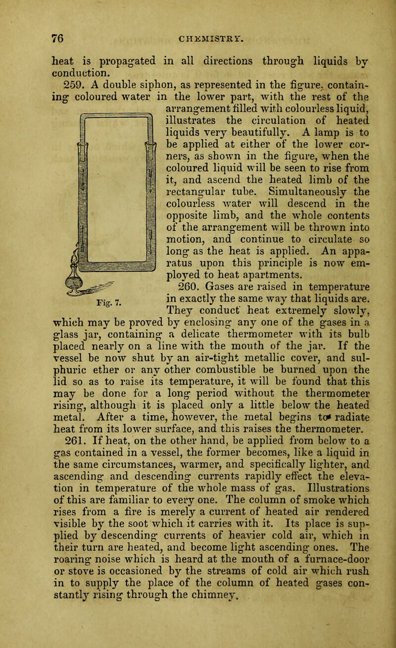 heat is propagated in all directions through liquids by conduction. 259. A double siphon, as represented in the figure, contain- ing coloured water in the lower part, with the rest of the arrangement filled with colourless liquid, illustrates the circulation of heated liquids very beautifully. A lamp is to be applied at either of the lower cor- ners, as shown in the figure, when the coloured liquid will be seen to rise from it, and ascend the heated limb of the rectangular tube. Simultaneously the colourless water will descend in the opposite limb, and the whole contents of the arrangement will be thrown into motion, and continue to circulate so long as the heat is applied. An appa- ratus upon this principle is now em- ployed to heat apartments. 260. Gases are raised in temperature in exactly the same way that liquids ai’e. They conduct heat extremely slowly, which may be proved by enclosing any one of the gases in a. glass jar, containing a delicate thermometer with its bulb placed nearly on a line with the mouth of the jar. If the vessel be now shut by an air-tight metallic cover, and sul- phuric ether or any other combustible be burned upon the lid so as to raise its temperature, it will be found that this may be done for a long period without the thermometer rising, although it is placed only a little below the heated metal. After a time, however, the metal begins to* radiate heat from its lower surface, and this raises the thermometer. 261. If heat, on the other hand, be applied from below to a gas contained in a vessel, the former becomes, like a liquid in the same circumstances, warmer, and specifically lighter, and ascending and descending currents rapidly effect the eleva- tion in temperature of the whole mass of gas. Illustrations of this are familiar to every one. The column of smoke which rises from a fire is merely a current of heated air rendered visible by the soot which it carries with it. Its place is sup- plied by descending currents of heavier cold air, which in their turn are heated, and become light ascending ones. The roaring noise which is heard at the mouth of a furnace-door or stove is occasioned by the streams of cold air -which rush in to supply the place of the column of heated gases con- stantly rising through the chimney. Fig. 7.