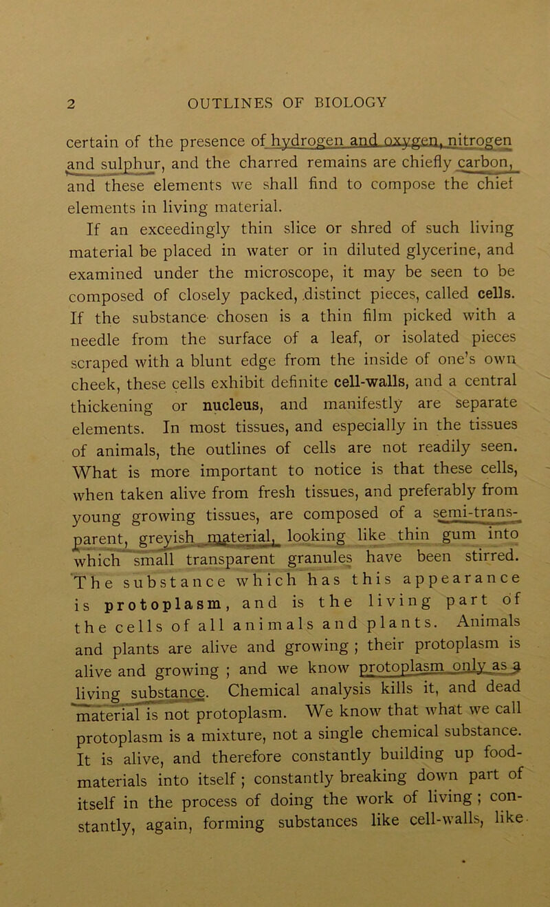 certain of the presence of hydrogen and oxv^en, nitrogeji and sulphur, and the charred remains are chiefly carbon, and these elements we shall find to compose the chief elements in living material. If an exceedingly thin slice or shred of such living material be placed in water or in diluted glycerine, and examined under the microscope, it may be seen to be composed of closely packed, .distinct pieces, called cells. If the substance chosen is a thin film picked with a needle from the surface of a leaf, or isolated pieces scraped with a blunt edge from the inside of one’s own cheek, these cells exhibit definite cell-walls, and a central thickening or nucleus, and manifestly are separate elements. In most tissues, and especially in the tissues of animals, the outlines of cells are not readily seen. What is more important to notice is that these cells, when taken alive from fresh tissues, and preferably from young growing tissues, are composed of a semi-trans- parent, g^ish material, looking like thin gum into which”small transparent granules have been stirred. The substance which has this appearance is protoplasm, and is the living part of the cells of all animals and plants. Animals and plants are alive and growing ; their protoplasm is alive and growing ; and we know protoplasm only as a living substance. Chemical analysis kills it, and dead *nmterial is not protoplasm. We know that what we call protoplasm is a mixture, not a single chemical substance. It is alive, and therefore constantly building up food- materials into itself; constantly breaking down part of itself in the process of doing the work of living; con- stantly, again, forming substances like cell-walls, like