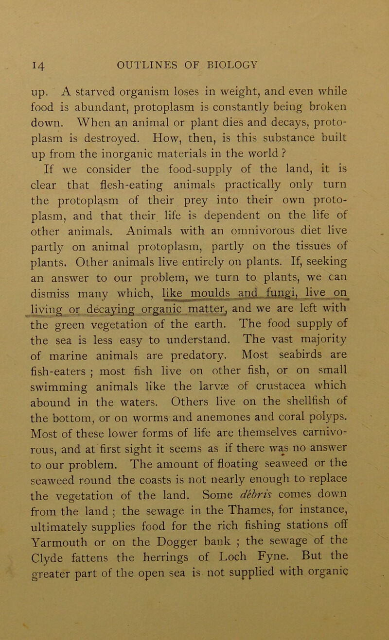 up. A starved organism loses in weight, and even while food is abundant, protoplasm is constantly being broken down. When an animal or plant dies and decays, proto- plasm is destroyed. How, then, is this substance built up from the inorganic materials in the world ? If we consider the food-supply of the land, it is clear that flesh-eating animals practically only turn the protoplasm of their prey into their own proto- plasm, and that their life is dependent on the life of other animals. Animals with an omnivorous diet live partly on animal protoplasm, partly on the tissues of plants. Other animals live entirely on plants. If, seeking an answer to our problem, we turn to plants, we can dismiss many which, like moulds and fungi, live j3n^ hwing or decaying orgajric matterj and we are left with the green vegetation of the earth. The food supply of the sea is less easy to understand. The vast majority of marine animals are predatory. Most seabirds are fish-eaters ; most fish live on other fish, or on small swimming animals like the larvae of Crustacea which abound in the waters. Others live on the shellfish of the bottom, or on worms and anemones and coral polyps. Most of these lower forms of life are themselves carnivo- rous, and at first sight it seems as if there was no answer to our problem. The amount of floating seaweed or the seaweed round the coasts is not nearly enough to replace the vegetation of the land. Some debris comes down from the land ; the sewage in the Thames, for instance, ultimately supplies food for the rich fishing stations off Yarmouth or on the Dogger bank ; the sewage of the Clyde fattens the herrings of Loch Fyne. But the greater part of the open sea is not supplied with organic