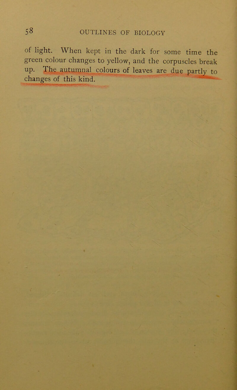 of light. When kept in the dark for some time the green colour changes to yellow, and the corpuscles break up. Th^autumnal colours of leaves are due partly to changes of this kind. ‘ ~ —