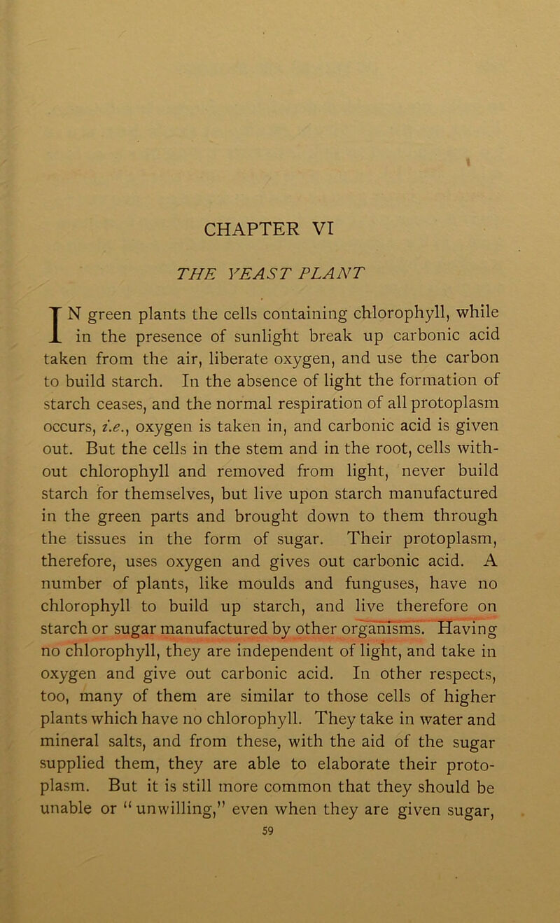 THE VEAST PLANT IN green plants the cells containing chlorophyll, while in the presence of sunlight break up carbonic acid taken from the air, liberate oxygen, and use the carbon to build starch. In the absence of light the formation of starch ceases, and the normal respiration of all protoplasm occurs, z.e., oxygen is taken in, and carbonic acid is given out. But the cells in the stem and in the root, cells with- out chlorophyll and removed from light, never build starch for themselves, but live upon starch manufactured in the green parts and brought down to them through the tissues in the form of sugar. Their protoplasm, therefore, uses oxygen and gives out carbonic acid. A number of plants, like moulds and funguses, have no chlorophyll to build up starch, and live therefore on starch or sugar manufactured by other organisms’. ~Tlaving no chlorophyll, they are independent of light, and take in oxygen and give out carbonic acid. In other respects, too, many of them are similar to those cells of higher plants which have no chlorophyll. They take in water and mineral salts, and from these, with the aid of the sugar supplied them, they are able to elaborate their proto- plasm. But it is still more common that they should be unable or “ unwilling,” even when they are given sugar,