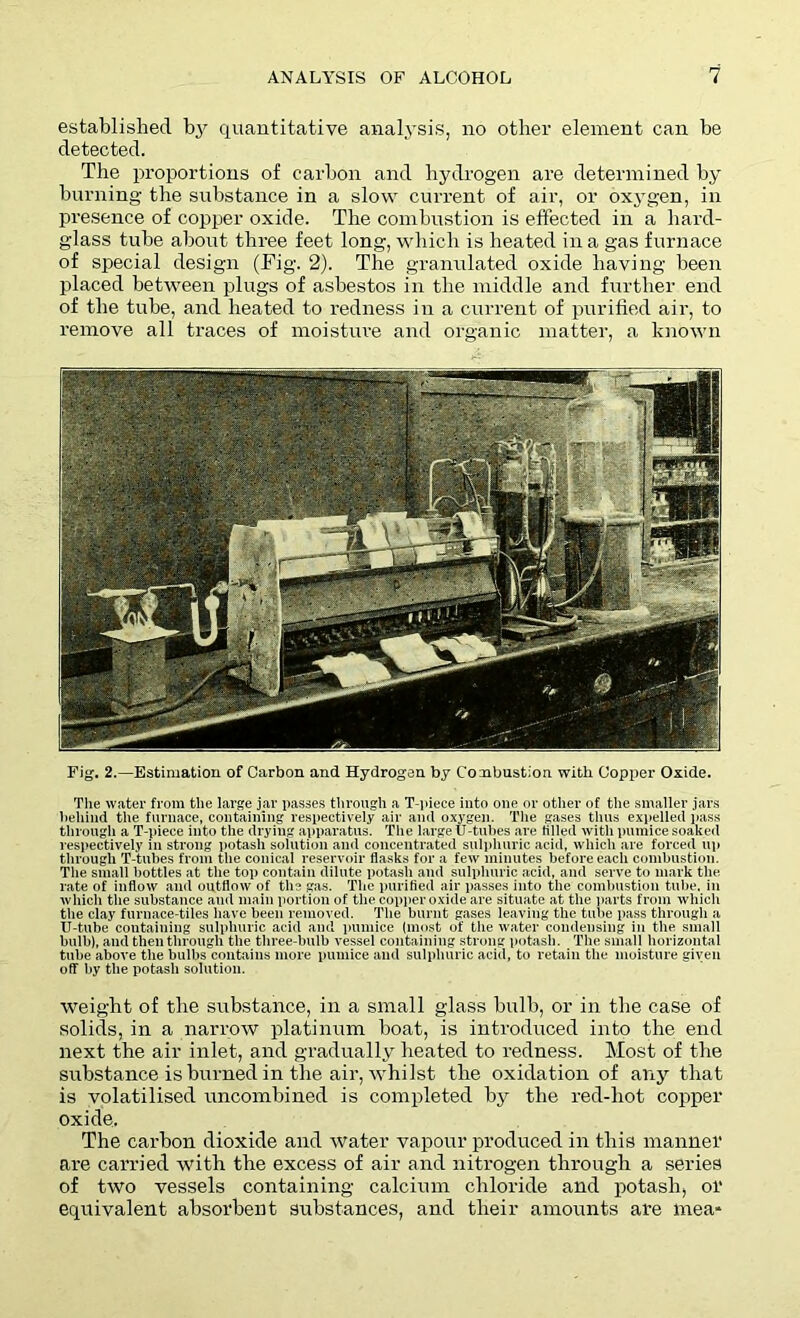 established by quantitative analysis, no other element can be detected. The proportions of carbon and hydrogen are determined by burning the substance in a slow current of air, or oxygen, in presence of copper oxide. The combustion is effected in a hard- glass tube about three feet long, which is heated in a gas furnace of special design (Fig. 2). The granulated oxide having been placed between plugs of asbestos in the middle and further end of the tube, and heated to redness in a current of purified air, to remove all traces of moisture and organic matter, a known Fig. 2.—Estimation of Carbon and Hydrogen by Combustion with Copper Oxide. The water from the large jar passes through a T-piece into one or other of the smaller jars behind the furnace, containing respectively air and oxygen. The gases thus expelled pass through a T-piece into the drying apparatus. The large U-tubes are tilled with pumice soaked respectively in strong potash solution and concentrated sulphuric acid, which are forced up through T-tubes from the conical reservoir flasks for a few minutes before each combustion. The small bottles at the top contain dilute potash and sulphuric acid, and serve to mark the, rate of inflow and outflow of the gas. The purified air passes into the combustion tube, in which the substance and main portion of the copper oxide are situate at the parts from which the clay furnace-tiles have been removed. The burnt gases leaving the tube pass through a TJ-tube containing sulphuric acid and pumice (most of the water condensing in the small bulb), and then through the three-bulb vessel containing strong potash. The small horizontal tube above the bulbs contains more pumice and sulphuric acid, to retain the moisture given off by the potash solution. weight of the substance, in a small glass bulb, or in the case of solids, in a narrow platinum boat, is introduced into the end next the air inlet, and gradually heated to redness. Most of the substance is burned in the air, whilst the oxidation of any that is volatilised uncombined is completed by the red-hot copper oxide. The carbon dioxide and water vapour produced in this manner are carried with the excess of air and nitrogen through a series of two vessels containing calcium chloride and potash, or equivalent absorbent substances, and their amounts are me a-