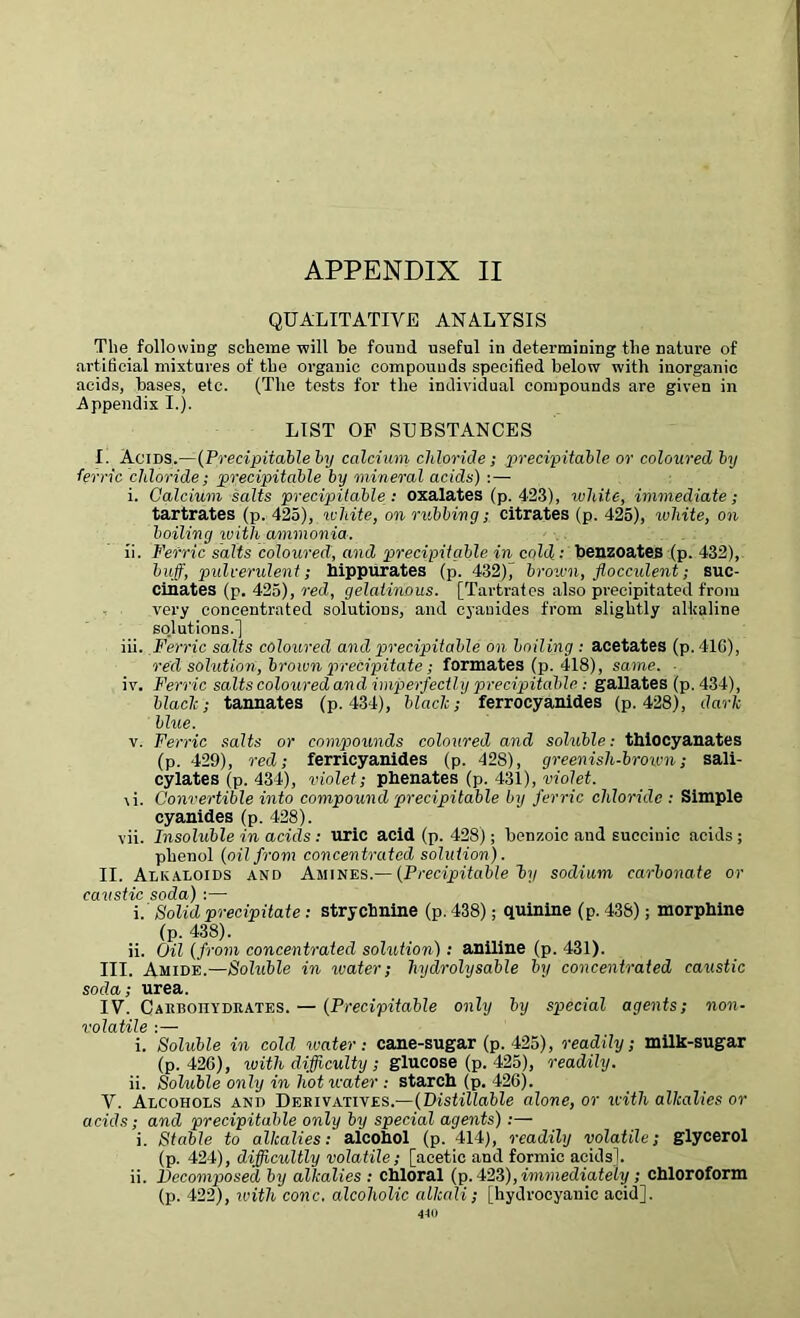 APPENDIX II QUALITATIVE ANALYSIS The following scheme will be found useful in determining the nature of artificial mixtures of the organic compounds specified below with inorganic acids, bases, etc. (The tests for the individual compounds are given in Appendix I.). LIST OF SUBSTANCES I. Acids.—(Precipitable by calcium chloride ; precipitable or coloured by ferric chloride; precipitable by mineral acids) : — i. Calcium salts precipitable: oxalates (p. 423), white, immediate; tartrates (p. 425), white, on rubbing; citrates (p. 425), ivliite, on boiling with ammonia. ii. Ferric salts coloured, and precipitable in cold: benzoates (p. 432), buff, pidverulent; hippUrates (p. 432)” brown, flocculent; suc- cinates (p. 425), red, gelatinous. [Tartrates also precipitated from very concentrated solutions, and cyanides from slightly alkaline solutions.] iii. Ferric salts coloured and precipitable on boiling : acetates (p.41G), red solution, brown precipitate; formates (p. 418), same. iv. Ferric salts coloured and imperfectly precipitable : gallates (p. 434), blaclc; tannates (p.434), blade; ferrocyanides (p.428), dark blue. v. Ferric salts or compounds coloured and soluble: thiocyanates (p. 429), red; ferricyanides (p. 42S), greenisli-broum; sali- cylates (p. 434), violet; phenates (p. 431), violet. \i. Convertible into compound precipitable by ferric chloride : Simple cyanides (p. 428). vii. Insoluble in acids : uric acid (p. 428); benzoic and succinic acids; phenol (oil from concentrated solution). II. Alkaloids and Amines.— (Precipitable by sodium carbonate or caustic soda) :— i. Solid precipitate: strychnine (p. 438); quinine (p. 438); morphine (p. 438). ii. Oil (from concentrated solution): aniline (p. 431). III. Amide.—Soluble in water; hydrolysable by concentrated caustic soda; urea. IV. Carbohydrates. — (Precipitable only by special agents; non- volatile :—• i. Soluble in cold water: cane-sugar (p. 425), readily; milk-sugar (p. 426), with difficulty ; glucose (p. 425), readily. ii. Soluble only in hot u-ater : starch (p. 426). V. Alcohols and Derivatives.—(Distillable alone, or u-ith alkalies or acids; and precipitable only by special agents) :— i. Stable to alkalies: alcohol (p. 414), readily volatile; glycerol (p. 424), difficultly volatile; [acetic and formic acids]. ii. Decomposed by alkalies: chloral (p. 423), immediately ; chloroform (p. 422), ii’ith cone, alcoholic alkali; [hydrocyanic acid], 410