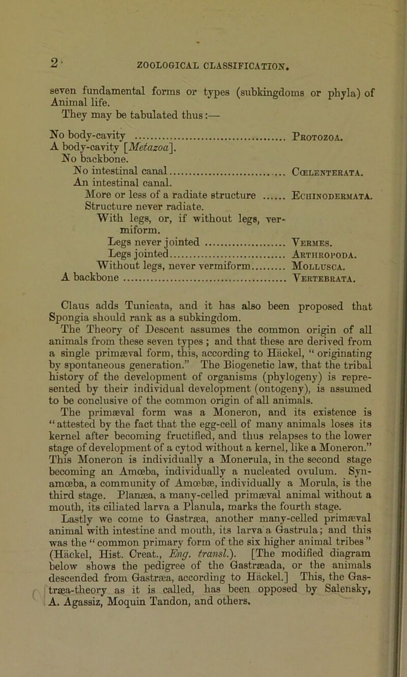 2- seven fundamental forms or types (subkingdoms or phyla) of Animal life. They may be tabulated thus:— No body-cavity Protozoa. A body-cavity [Metazoa]. No backbone. No intestinal canal Ccelenterata. An intestinal canal. More or less of a radiate structure Echinodermata. Structure never radiate. With legs, or, if without legs, ver- miform. Legs never jointed Vermes. Legs join ted Arthropod A. Without legs, never vermiform Mollusca. A backbone Vertebrata. Claus adds Tunicata, and it has also been proposed that Spongia should rank as a subkingdom. The Theory of Descent assumes the common origin of all animals from these seven types ; and that these are derived from a single prim anal form, this, according to Hiickel, “ originating by spontaneous generation.” The Biogenetic law, that the tribal history of the development of organisms (phylogeny) is repre- sented by their individual development (ontogeny), is assumed to be conclusive of the common origin of all animals. The primaeval form was a Moneron, and its existence is “ attested by the fact that the egg-cell of many animals loses its kernel after becoming fructified, and thus relapses to the lower stage of development of a cytod without a kernel, like a Moneron.” This Moneron is individually a Monerula, in the second stage becoming an Amoeba, individually a nucleated ovulum. Syn- amoeba, a community of Amoebae, individually a Morula, is the third stage. Plantea, a many-celled primaeval animal without a mouth, its ciliated larva a Planula, marks the fourth stage. Lastly we come to Gastraea, another many-celled primaeval animal with intestine and mouth, its larva a Gastrula; and this was the “common primary form of the six higher animal tribes” (Hackel, Hist. Creat., Eng. transl.). [The modified diagram below shows the pedigree of the Gastraeada, or the animals descended from Gastraia, according to Hackel.] This, the Gas- traea-theory as it is called, has been opposed by Salensky, A. Agassiz, Moquin Tandon, and others.