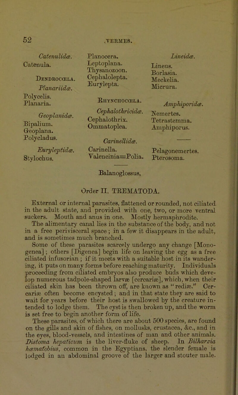 CatenulidxB. Planocera. Leptoplana. Lincidce. Catenula. Lineua. Eorlasia. Meckelia. Micrura. Dendroccela. Planar iidce. Thysanozoon. Oephalolepta. Eurylepta. Polycelis. Planaria. Bipalium. Geoplan a. Polycladua. Gcoplanida. Cephalothricidas. jTemertes. Cephalothrix. Tetrastemma. Ommatoplea. Amphiporus. CarinellidiB. Eurylcptidce. Stylochus. Carinella. Valencinia=Polia. Pelagonemertes. Pterosoma. Balanoglossus. Order II. TEEMATODA. External or internal parasites, flattened or rounded, not ciliated in the adult state, and provided with one, two, or more ventral suckers. Mouth and anus in one. Mostly hermaphrodite. The alimentary canal lies in the substance of the body, and not in a free perivisceral space ; in a few it disappears in the adult, and is sometimes much branched. Some of these parasites scarcely undergo any change [Mono- genea] ; others [Digenea] begin life on leaving the egg as a free ciliated infusorian ; if it meets with a suitable host in its wander- ing, it puts on many forms before reaching maturity. Individuals proceeding from ciliated embryos also produce buds which deve- lop numerous tadpole-shaped larvae [corcarise], which, when their ciliated skin has been thrown off, are known as “ redise.” Cer- carise often become encysted; and in that state they are said to wait for years before their host is swallowed by the creature in- tended to lodge them. The cyst is then broken up, and the worm is set free to begin another form of life. These parasites, of which there are about 500 species, are found on the gills and skin of fishes, on mollusks, Crustacea, &c., and in the eyes, blood-vessels, and intestines of man and other animals. Distoma hepaticum is the liver-fluke of sheep. In Bilharzia hcematobius, common in the Egyptians, the slender female is lodged in au abdominal groove of the larger and stouter male.