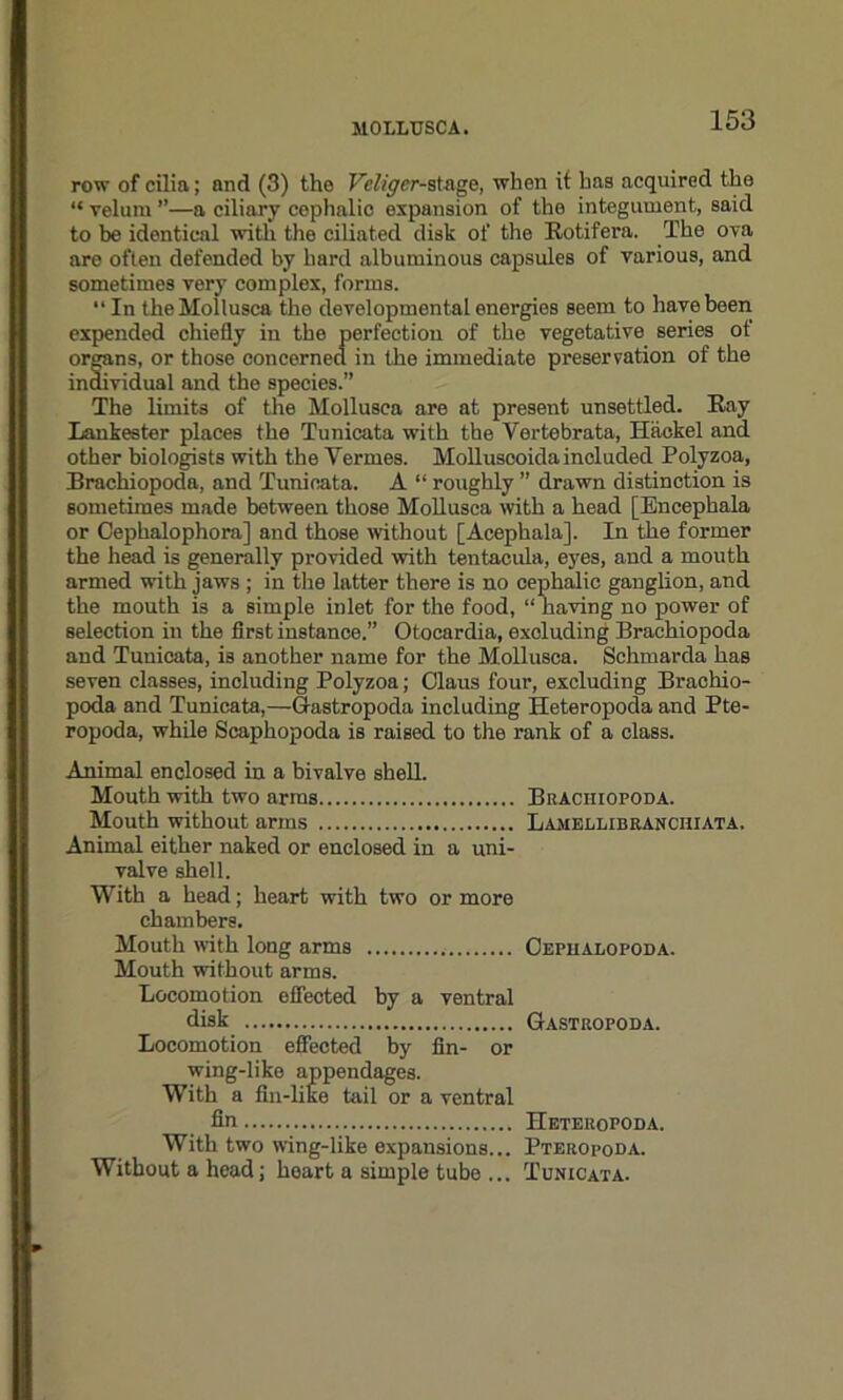 row of cilia; and (3) the Vcligcr-stage, when if lias acquired the “ velum ’’—a ciliary cophalic expansion of the integument, said to be identical with the ciliated disk of the Botifera. The ova are often defended by hard albuminous capsules of various, and sometimes very complex, forms. “In theMollusca the developmental energies seem to have been expended chiefly in the perfection of the vegetative series of organs, or those concerned in the immediate preservation of the individual and the species.” The limits of the Mollusea are at present unsettled. Bay Lankester places the Tunicata with the Vertebrata, Hackel and other biologists with the Vermes. Molluscoida included Polyzoa, Brachiopoda, and Tunicata. A “ roughly ” drawn distinction is sometimes made between those Mollusea with a head [Encephala or Cephalophora] and those without [Acephala]. In the former the head is generally provided with tentacula, eyes, and a mouth armed with jaws ; in the latter there is no cephalic ganglion, and the mouth is a simple inlet for the food, “having no power of selection in the first instance.” Otocardia, excluding Brachiopoda and Tunicata, is another name for the Mollusea. Schmarda has seven classes, including Polyzoa; Claus four, excluding Brachio- poda and Tunicata,—Gastropoda including Heteropoda and Pte- ropoda, while Scaphopoda is raised to the rank of a class. Animal enclosed in a bivalve shell. Mouth with two arms Mouth without arms Animal either naked or enclosed in a uni- valve shell. With a head; heart with two or more chambers. Mouth with long arms Mouth without arms. Locomotion effected by a ventral disk Locomotion effected by fin- or wing-like appendages. With a fin-like tail or a ventral fin With two wing-like expansions... Without a head; heart a simple tube ... Brachiopoda. Lamellibranciiiata. Cephalopoda. Gastropoda. Heteropoda. Pteropoda. Tunicata.