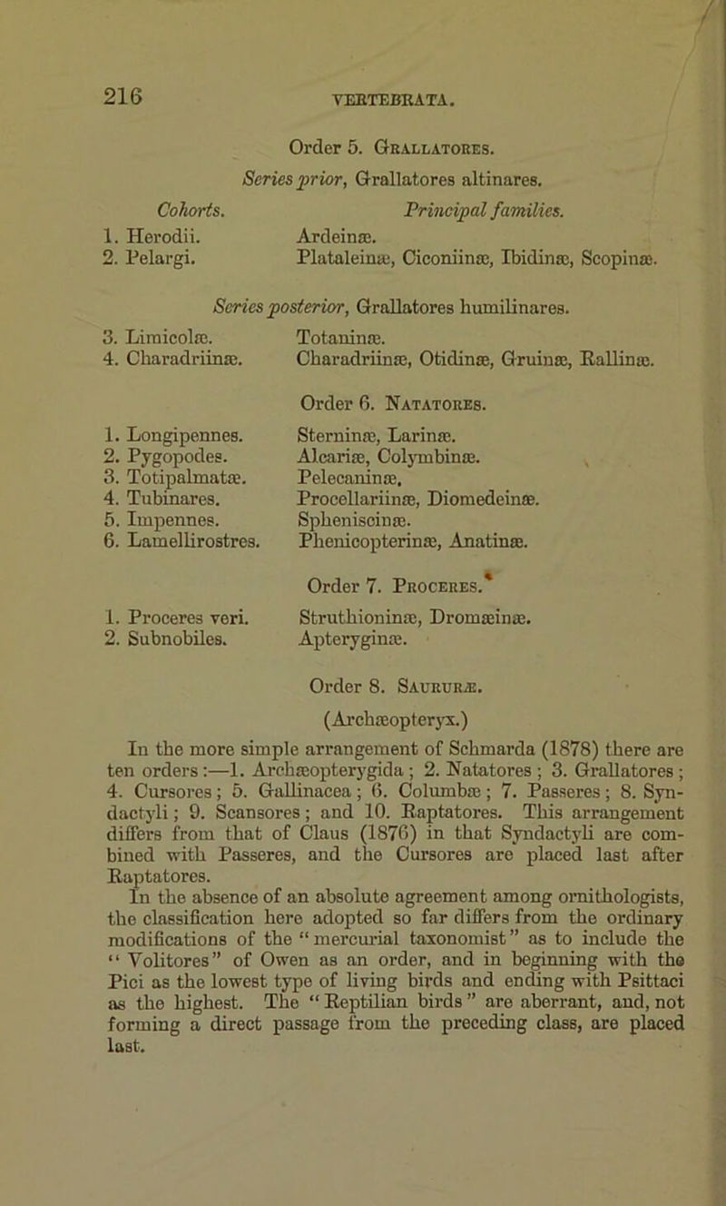 / 216 VEETEBKATA. Order 5. Grallatores. Series jprior, Grallatores altinares. Cohorts. Principal families. 1. Herodii. Ardeinaj. 2. Pelargi. Plataleina:, Ciconiinac, Ibidinse, Scopinas. Series posterior, Grallatores humilinares. 3. Limicolae. 4. Charadriinae. Totaninse. Charadriinae, Otidinse, Gruinae, Rallinaj. Order 6. Natatores. 1. Longipennes. 2. Pygopodes. 3. Totipalmata?. 4. Tubinares. 5. Impennes. 6. Lamellirostres. Sterninas, Larina. Alcariae, ColjTnbinse. Pelecaninoe, Proccllariinffi, Diomedeinse. Spheniseinre. Phenicopterinaj, Anatinae. Order 7. Proceres.* 1. Procere3 veri. 2. Subnobiles. Struthioninae, Dromseinae. Apteryginaj. Order 8. Saurur®. (Archaeopteryx.) In the more simple arrangement of Schmarda (1878) there are ten orders :—1. Archaeopterygida ; 2. Natatores ; 3. Grallatores ; 4. Cursores; 5. Gallinacea ; (5. Columbae; 7. Passeres; 8. Syn- dactyli; 9. Scansores; and 10. Kap tat ores. This arrangement differs from that of Claus (1870) in that Syndactyli are com- bined with Passeres, and the Cursores are placed last after Raptatores. In the absence of an absolute agreement among ornithologists, the classification here adopted so far differs from the ordinary modifications of the “ mercurial taxonomist ” as to include the “ Yolitores” of Owen as an order, and in beginning with the Pici as the lowest type of living birds and ending with Psittaci as the highest. The “ Reptilian birds ” are aberrant, and, not forming a direct passage from the preceding class, are placed last.