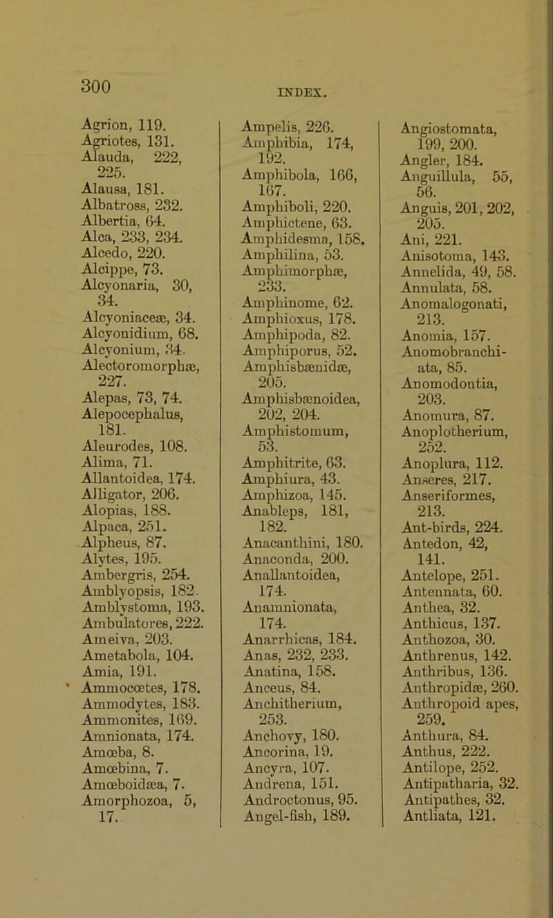 Agrion, 119. Agriotes, 131. AJauda, 222, 225. Alausa, 181. Albatross, 232. Albertia, 64. Alca, 233, 234. Aleedo, 220. Alcippe, 73. Alcyonaria, 30, 34. Alcyoniaceaa, 34. Alcyonidium, 68. Alcyonium, 34. Alectoromorpkm, 227. Alepas, 73, 74. Alepocephalus, 181. Aleurodes, 108. Alima, 71. Allantoidea, 174. Alligator, 206. Alopias, 188. Alpaca, 251. Alpheus, 87. Alytes, 195. Ambergris, 254. Amblyopsis, 182. Amblystoma, 193. Ambulatores, 222. Ameiva, 203. Ametabola, 104. Amia, 191. ’ Ammoccetes, 178. Ammodytes, 183. Ammonites, 169. Amnionata, 174. Amoeba, 8. Amoebina, 7. Amoeboidasa, 7- Amorphozoa, 5, 17. INDEX. Ampelis, 226. Amphibia, 174, 192. Amphibola, 166, 167. Amphiboli, 220. Amphictene, 63. Amphidesma, 158. Amphilina, 53. Amphimorphse, Amphinome, 62. Amphioxus, 178. Amphipoda, 82. Amphiporus, 52. Amphisbaenidse, 205. Am phi sbasnoidea, 202, 204. Ampkistomum, 53. Amphitrite, 63. Amphiura, 43. Ampliizoa, 145. Anableps, 181, 182. Anacantkini, 180. Anaconda, 200. Anallantoidea, 174. Anamnionata, 174. Anarrhicas, 184. Anas, 232, 233. Anatina, 158. Anceus, 84. Anchitherium, 253. Anchovy, 180. Ancorina, 19. Ancyra, 107. Andrena, 151. Androctonus, 95. An gel-fish, 189. Angiostomata, 199, 200. Angler, 184. Anguillula, 55, 56. Anguis, 201, 202, 205. Ani, 221. Anisotoma, 143. Annelida, 49, 58. Annulata, 58. Anomalogonati, 213. Anornia, 157. Anomobrancki- ata, 85. Anomodontia, 203. Anomura, 87. Anoplotherium, 252. Anoplura, 112. Anseres, 217. Anseriform.es, 213 Ant-birds, 224. Antedon, 42, 141. Antelope, 251. Antennata, 60. Anthea, 32. Antkicus, 137. Anthozoa, 30. Anthrenus, 142. Anthribus, 136. Anthropidce, 260. Anthropoid apes, 259. Anthura, 84. Anthus, 222. Antilope, 252. Antipatharia, 32. Antipathes, 32. Antliata, 121.