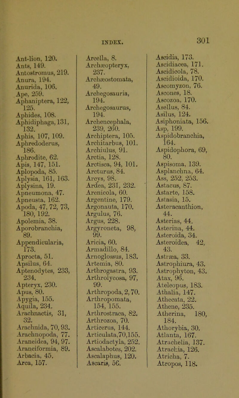 Ant-lion, 120. Ants, 149. Antostromus, 219. Anura, 194. Anurida, 100. Ape, 259. Aphaniptera, 122, 125. Aphides, 108. Aphidiphaga, 131, 132. Aphis, 107, 109. Aphredoderus, 186. Aphrodite, 62. Apis, 147, 151. Aplopoda, 85. Aplysia, 161, 163. Aplysina, 19. Apneumona, 47. Apneusta, 162. Apoda, 47, 72, 73, 180,192. Apolemia, 38. Aporobranchia, 89. Appendieularia, 173. Aprocta, 51. Apsilus, 64. Aptenodytes, 233, 234 Apteryx, 230. Apus, 80. Apygia, 155. Aquila, 234. Araclinactis, 31, 32. Arachnida, 70, 93. Arachnopoda, 77. Araneidea, 94, 97. Araneiformia, 89. Arbacia, 45. Area, 157. Arcella, 8. Archaeopteryx, 237. Archfeostouiata, 49. Archegosauria, 194. Archegosaurus, 194. Arehencephala, 239, 260. Arehiptera, 105. Arehitarbus, 101. Archiulus, 91. Arctia, 128. Arctisca, 94, 101. Arcturus, 84. Arcys, 98. Ardea, 231, 232. Arenicola, 60. Argentine, 179. Argonauta, 170. Argulus, 76. Argus, 228. Argyroneta, 98, 99. Aricia, 60. Armadillo, 84. Arnoglossus, 183. Artemia, 80. Arthrogastra, 93. Artkrolycosa, 97, 99. Arthropoda, 2,70. Arthropomata, 154, 155. Arthrostraca, 82. Arthrozoa, 70. Artieerus, 144. Articulata,70,155. Artiodactyla, 252. Ascalabotes, 202. Ascalaphus, 120. Asearis, 56. Asoidia, 173. Ascidiacea, 171. Ascidicola, 78. Asoidioida, 170. Ascomyzon, 76. Ascones, 18. Ascozoa, 170. Asellus, 84. Asilus, 124. Asiphoniata, 156. Asp, 199. Aspidobranchia, 164. Aspidophora, 69, 80. Aspisoma, 139. Asplanchna, 64. Ass, 252, 253. Astacus, 87. Astarte, 158. Astasia, 15. Asteracanthion, 44. Asterias, 44. Asterina, 44. Asteroida, 34. Asteroidea, 42, 43. Astrasa, 33. Astropkiura, 43. Astrophyton, 43. Atax, 96. Ateleopus, 183. Athalia, 147. Athecata, 22. Athene, 235. Atherina, 180, 184. Athorybia, 30. Atlanta, 167. Atrachelia, 137. Atrackia, 126. Atricha, 7. Atropos, 118.