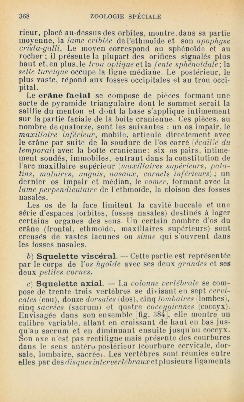 rieur, placé au-dessus des orbites, montre, dans sa partie moyenne, la lame criblée del'ethmoïde et son apophyse crista-galli. Le moyen correspond au sphénoïde et au rocher ; il présente la plupart des orifices signalés plus haut et, en plus, le trou optique et la feule sphénoïdale; la selle turcique occupe la ligne médiane. Le postérieur, le plus vaste, répond aux fosses occipitales et au trou occi- pital. Le crâne facial se compose de pièces formant une sorte de pyramide triangulaire dont le sommet serait la saillie du menton et dont la base s’applique intimement sur la partie faciale de la boite crânienne. Ces pièces, au nombre de quatorze, sont les suivantes : un os. impair, le maxillaire inférieur, mobile, articulé directement avec le crâne par suite de la soudure de l’os carré (écaille du temporal) avec la boite crânienne; six os pairs, intime- ment soudés, immobiles, entrant dans la constitution de l’arc maxillaire supérieur (maxillaires supérieurs, pala- tins, malaires, unguis, nasaux, cornets inférieurs) ; un dernier os impair et médian, le vomer, formant avec la lame perpendiculaire de l'ethmoïde, la cloison des fosses nasales. Les os de la face limitent la cavité buccale et une série d’espaces (orbites, fosses nasales) destinés à loger certains organes des sens. Un certain nombre d’os du crâne (frontal, ethmoïde, maxillaires supérieurs) sont creusés de vastes lacunes ou sinus qui s'ouvrent dans les fosses nasales. b) Squelette viscéral. — Cette partie est représentée par le corps de Los hyoïde avec ses deux grandes et ses deux petites cornes. c) Squelette axial. — La colonne vertébrale se com- pose de trente-trois vertèbres se divisant en sept cervi- cales (cou), douze dorsales (dos), cinq lombaires (lombes), cinq sacrées (sacrum) et quatre coccygiennes (coccyx). Envisagée dans son ensemble llig. 384], elle montre un calibre variable, allant en croissant de haut en bas jus- qu'au sacrum et en diminuant ensuite jusqu'au coccyx. Son axe n’est pas rectiligne mais présente des courbures dans le sens antéro-postérieur (courbure cervicale, dor- sale, lombaire, sacrée). Les vertèbres sonl réunies entre elles par des disques intervertébraux et plusieurs ligaments